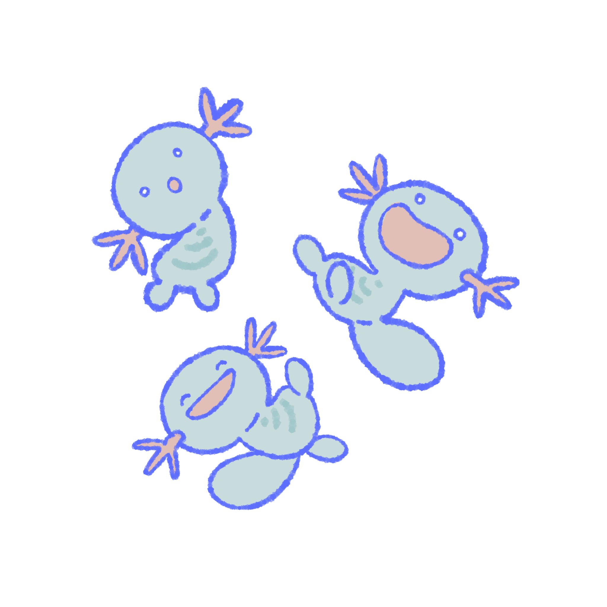 uou sleep, wooper, nintendo, pokemon, commentary, highres, symbol-only commentary, :d, :o, ^ ^, bright pupils, closed eyes, gen 2 pokemon, happy, no humans, open mouth, pokemon (creature), pokemon focus, simple background, smile, white background, white pupils