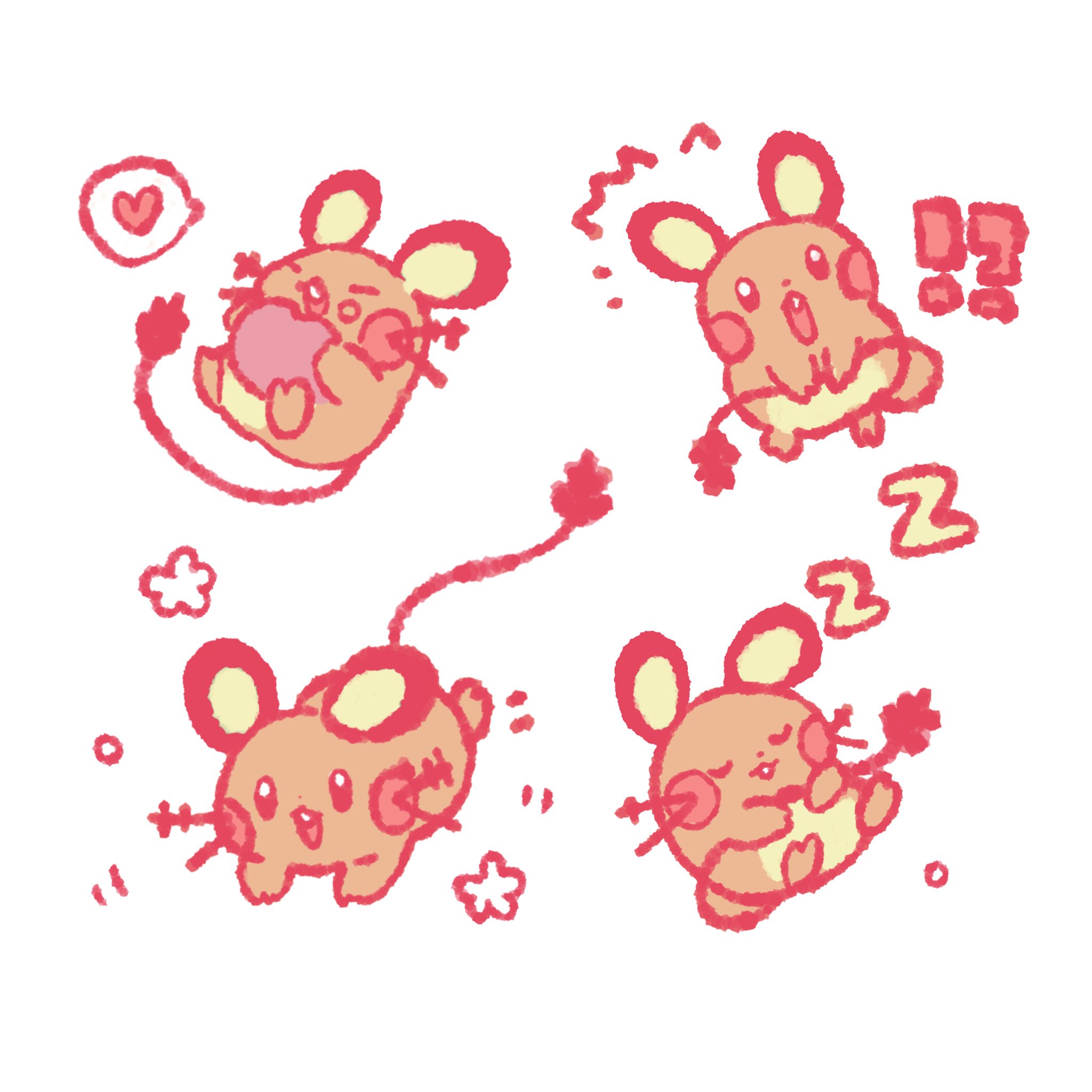uou sleep, dedenne, nintendo, pokemon, commentary, highres, symbol-only commentary, !?, :d, closed eyes, eating, food, food on face, gen 6 pokemon, heart, holding, looking at viewer, no humans, open mouth, pokemon (creature), pokemon focus, simple background, smile, spoken heart, white background, zzz