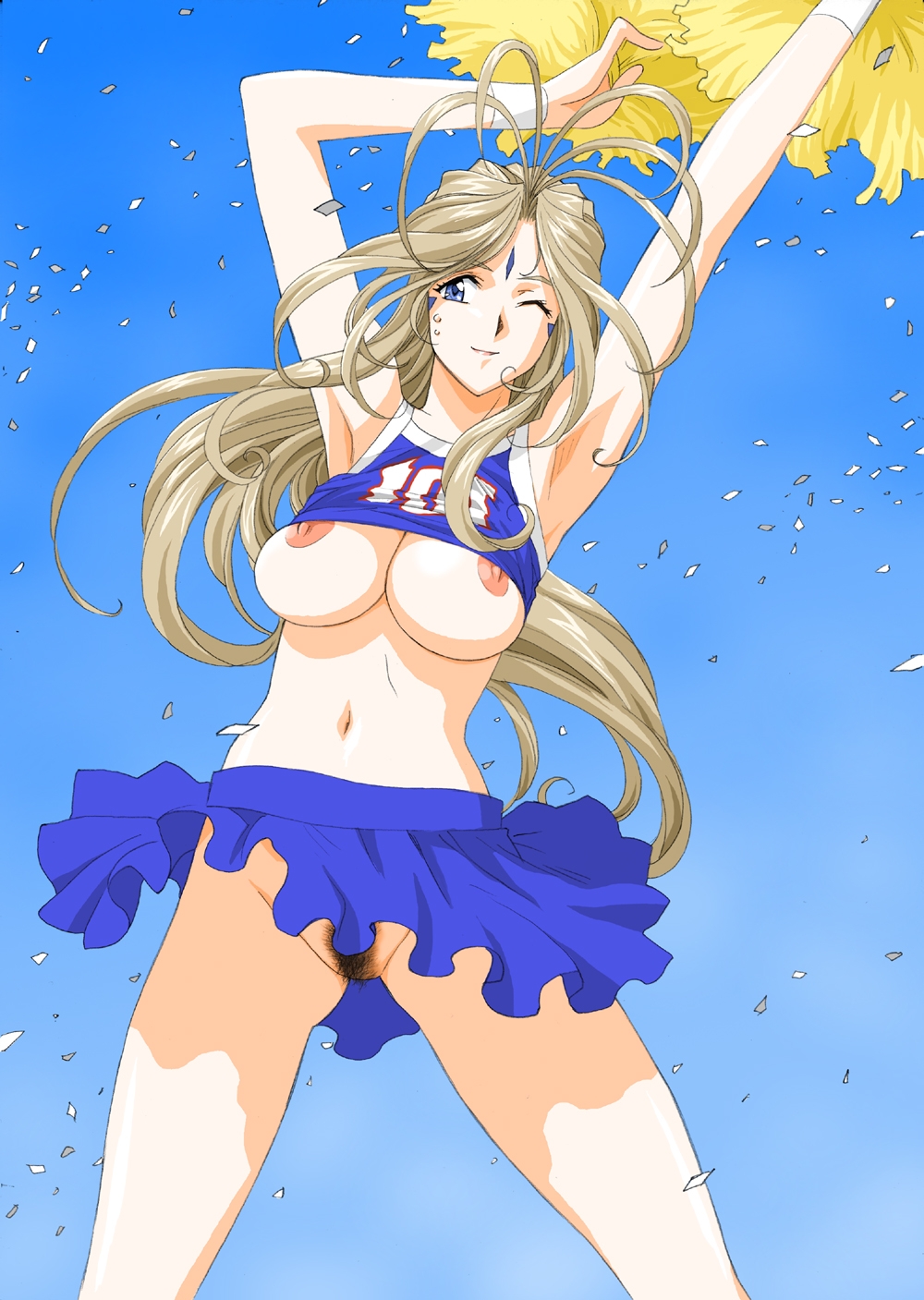 joy division, belldandy, aa megami-sama, highres, 1girl, armpits, blue eyes, breast slip, breasts, brown hair, cheerleader, facial mark, female focus, female pubic hair, forehead mark, large breasts, long hair, nipples, no panties, one eye closed, pom pom (cheerleading), pubic hair, skirt, solo, uncensored, underboob, wind, wind lift, wink