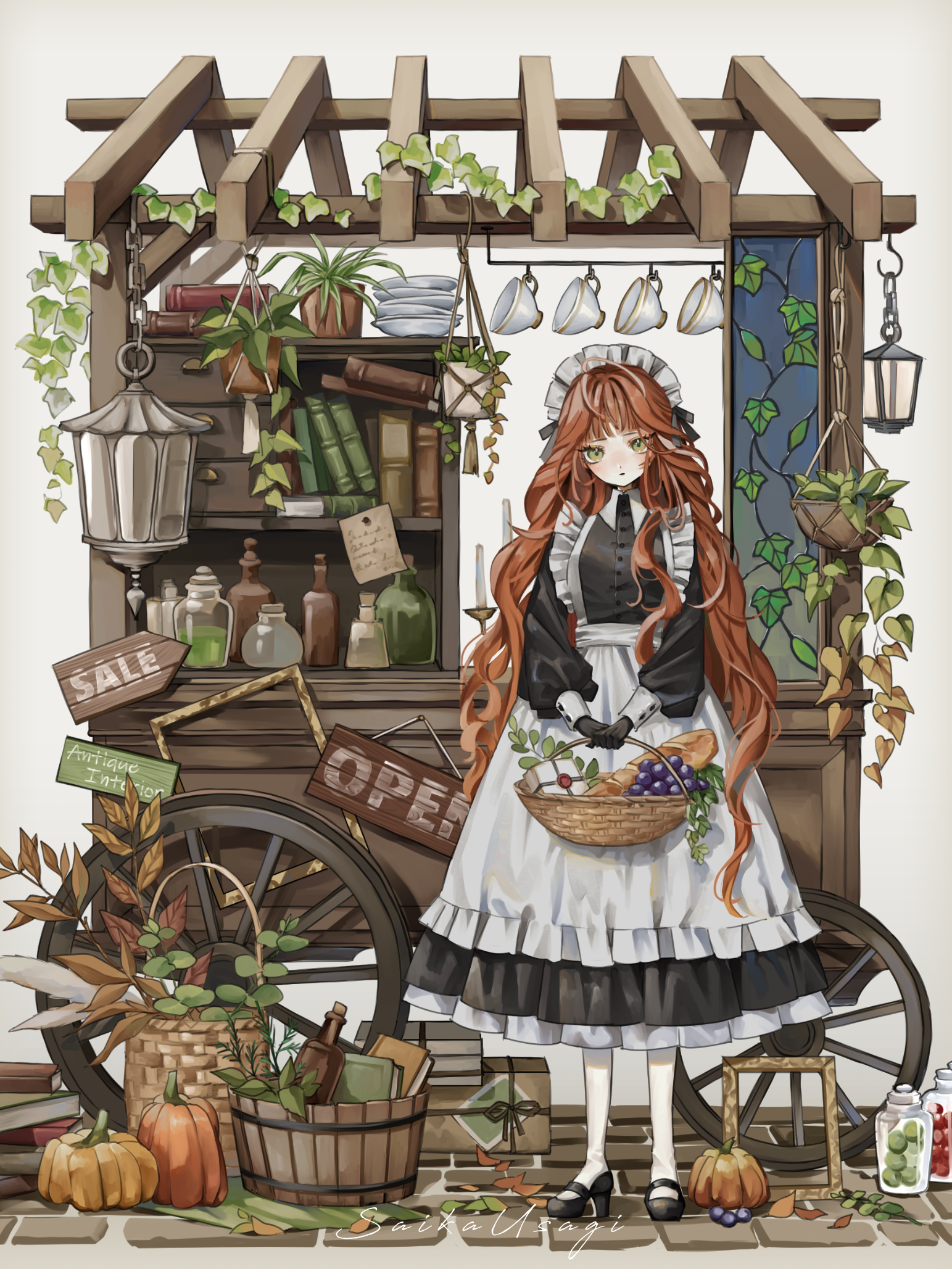 saika usagi, original, commentary request, highres, 1girl, apron, basket, black dress, black gloves, black shoes, blunt bangs, book, bread, brown hair, closed mouth, cup, dress, food, frilled apron, frilled dress, frills, fruit, fruit basket, full body, gloves, grapes, green eyes, high heels, holding, holding basket, lantern, long hair, long sleeves, looking at viewer, maid, maid headdress, plate, pumpkin, shoes, sign, solo, standing, teacup, white apron, white background
