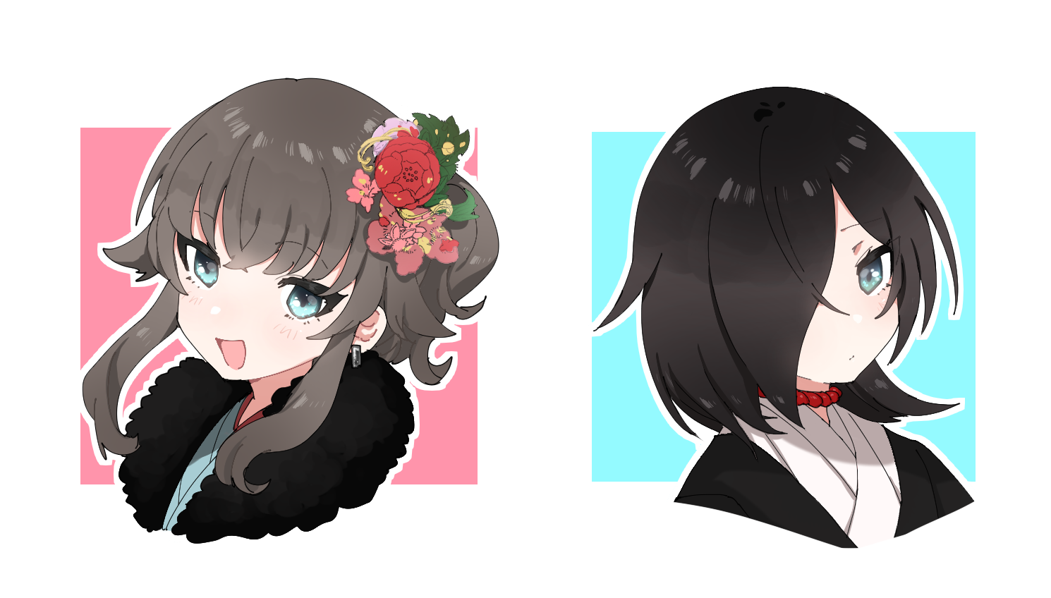 eurasia (wtp09ptw14), original, commentary request, 2girls, black hair, blue eyes, closed mouth, cropped shoulders, flower, grey hair, hair flower, hair ornament, hair over one eye, looking at viewer, medium hair, multiple girls, one eye covered, open mouth, parted bangs, red flower, short hair, smile, white background, wispy bangs