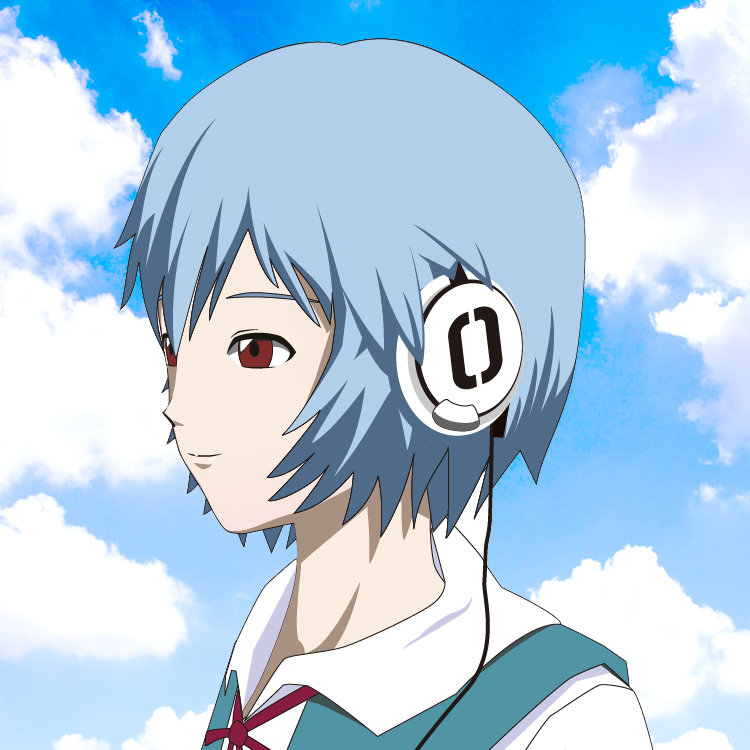 ayanami rei, neon genesis evangelion, 1girl, blue hair, cloud, female focus, headphones, outdoors, pale skin, school uniform, serafuku, sky, solo
