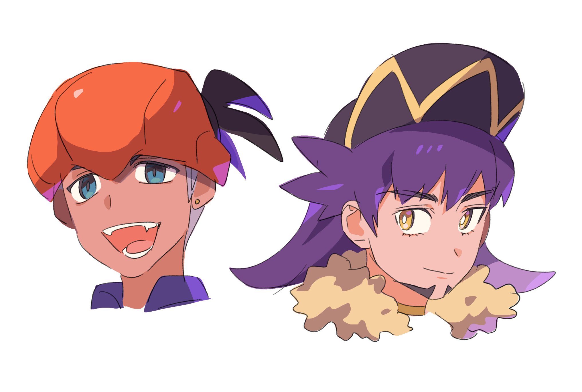 ch walnut, leon (pokemon), raihan (pokemon), nintendo, pokemon, pokemon swsh, highres, 2boys, :d, aqua hair, black hair, black hat, bright pupils, closed mouth, earrings, facial hair, hat, headband, jewelry, long hair, male focus, multiple boys, open mouth, orange headband, purple hair, short hair, smile, teeth, tongue, white pupils, yellow eyes