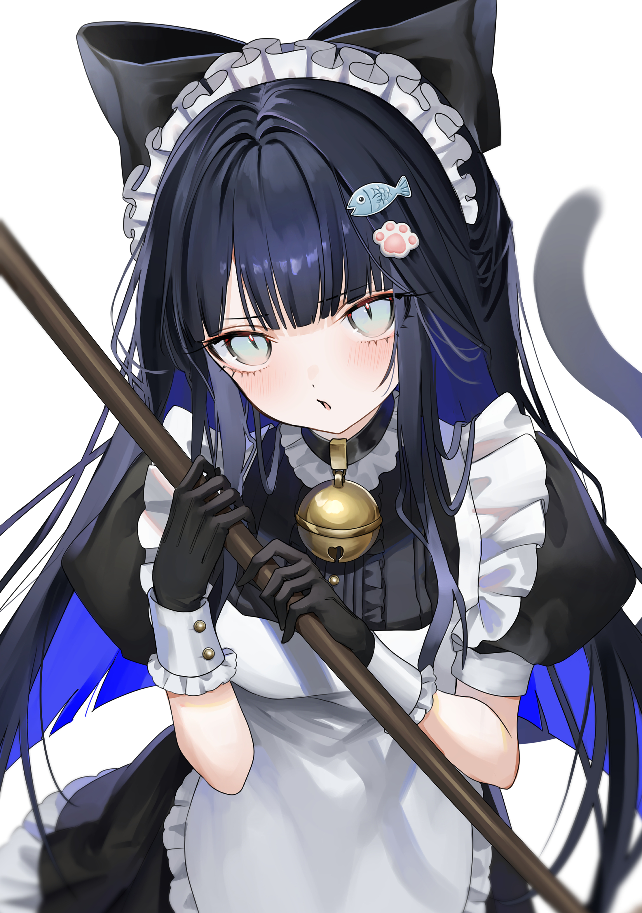 saika usagi, original, absurdres, commentary request, highres, 1girl, apron, bell, black bow, black dress, black gloves, black hair, blue eyes, blue hair, blunt ends, blush, bow, cat girl, cat tail, center frills, colored inner hair, dress, fish hair ornament, frilled apron, frilled dress, frills, gloves, hair bow, hair ornament, holding, holding mop, jingle bell, long hair, looking at viewer, maid, maid headdress, mop, multicolored hair, neck bell, open mouth, paw hair ornament, puffy short sleeves, puffy sleeves, short sleeves, simple background, solo, tail, upper body, white apron, white background
