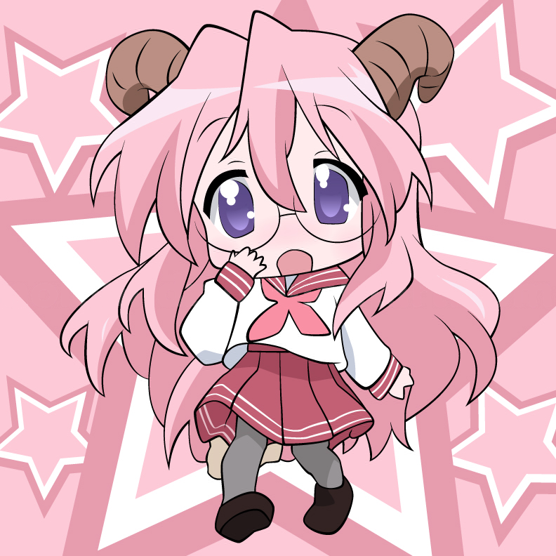 takara miyuki, lucky star, derivative work, vector trace, 00s, 1girl, female focus, full body, glasses, horns, pantyhose, school uniform, serafuku, shoes, solo, standing