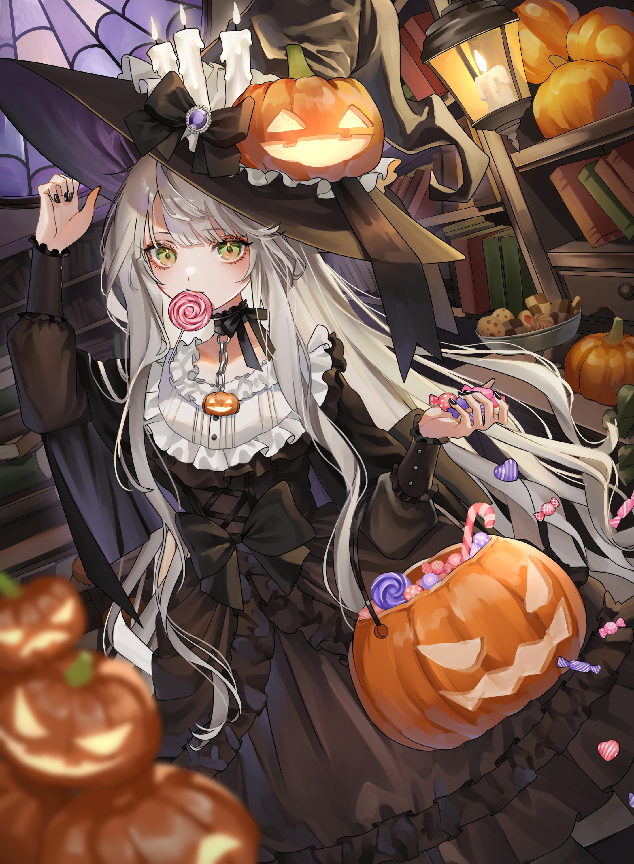 saika usagi, original, absurdres, commentary, english commentary, highres, 1girl, arm up, black bow, black choker, black dress, black hat, blurry, blurry foreground, book, bookshelf, bow, bow choker, bowl, candle, candle hat ornament, candy, candy cane, candy heart, candy wrapper, chain, checkerboard cookie, chocolate chip cookie, choker, cookie, cross-laced clothes, cross-laced dress, dress, dutch angle, fire, food, food in mouth, frilled choker, frilled dress, frilled sleeves, frills, gem, green eyes, halloween, halloween bucket, halloween costume, hand on headwear, hand up, hat, hat bow, indoors, jack-o'-lantern, jack-o'-lantern choker, jack-o'-lantern hat ornament, lantern, lollipop, long dress, long hair, long sidelocks, looking at viewer, mouth hold, pendant choker, pumpkin, purple gemstone, sidelocks, sleeve cuffs, solo, stained glass, standing, swirl lollipop, thumbprint cookie, very long hair, very long sidelocks, white hair, window, witch, witch hat