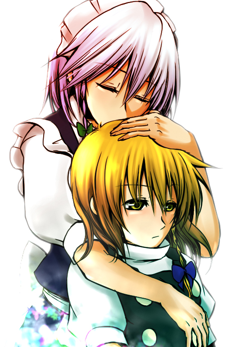toraneko, izayoi sakuya, kirisame marisa, touhou, bad id, bad pixiv id, 2girls, blonde hair, braid, buttons, closed eyes, female focus, hair ribbon, maid, maid headdress, multiple girls, ribbon, yellow eyes