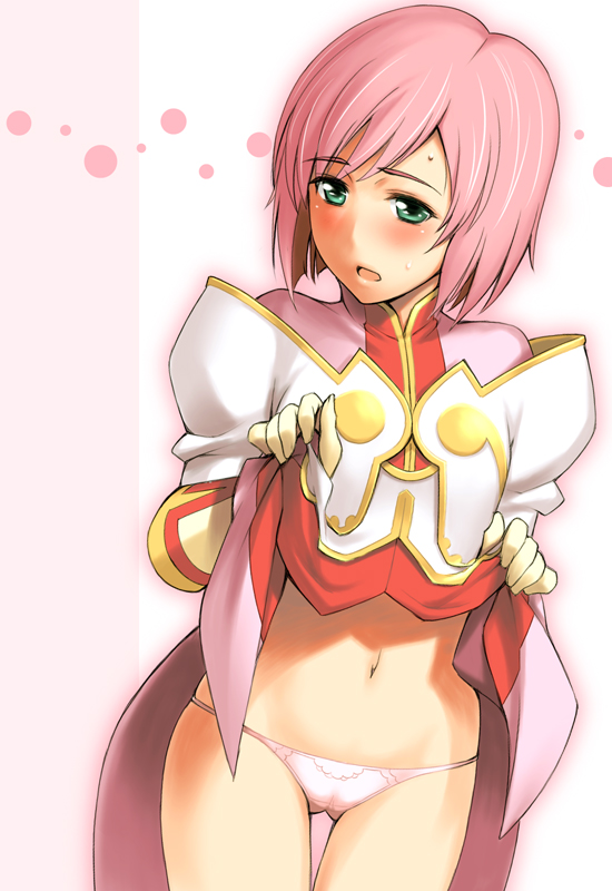 seki suzume, estellise sidos heurassein, tales of (series), tales of vesperia, looking away, 00s, 1girl, averting eyes, blush, clothes lift, dress, dress lift, female focus, gloves, green eyes, lowleg, lowleg panties, panties, pink hair, short hair, shy, solo, underwear