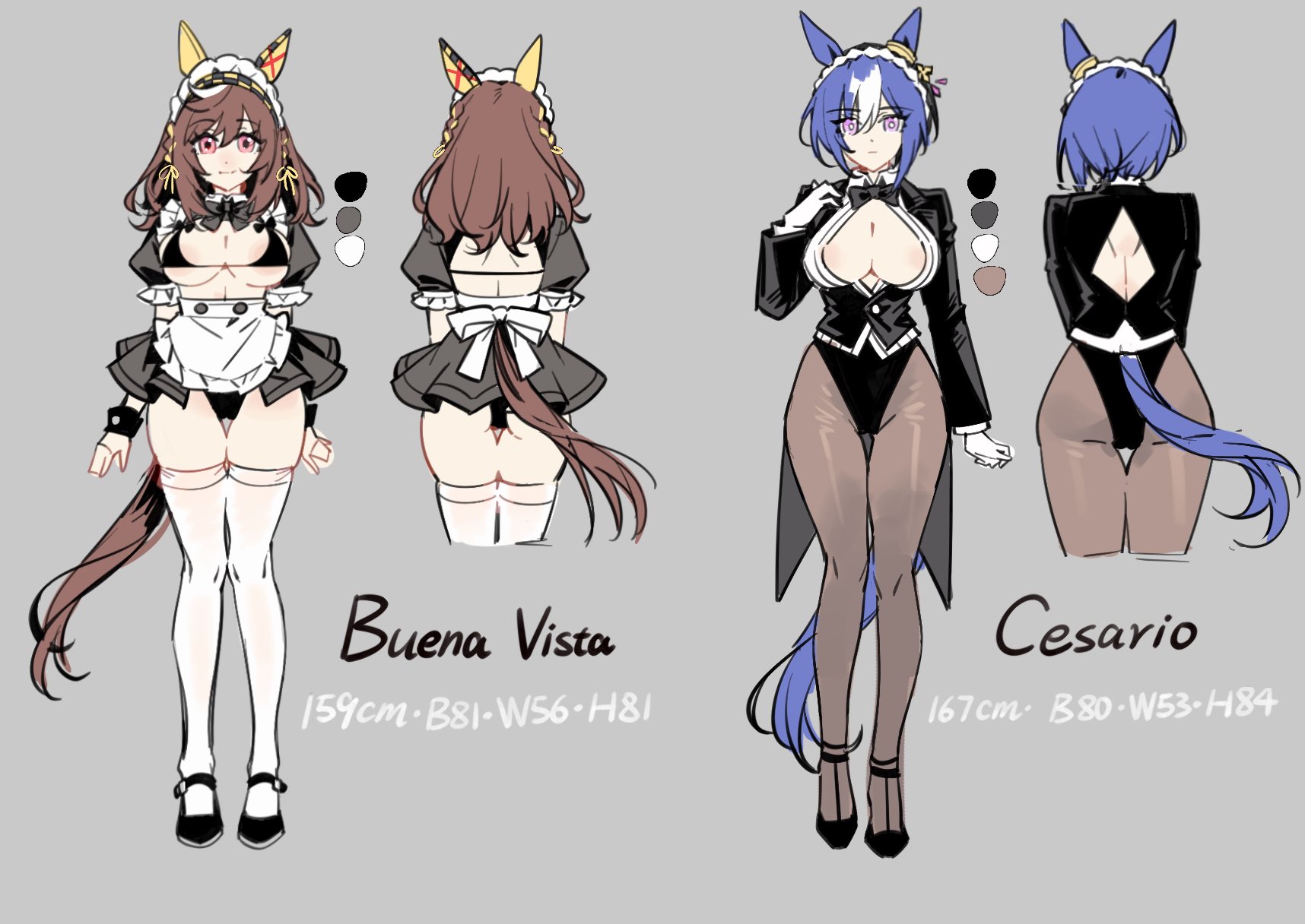 baobao771100, buena vista (umamusume), cesario (umamusume), umamusume, highres, 2girls, alternate costume, animal ears, areola slip, ass, bikini, black bikini, black leotard, black shoes, black skirt, blue eyes, blue hair, blue tail, brown hair, brown tail, character name, ear covers, full body, grey background, grey pantyhose, hair between eyes, horse ears, horse girl, horse tail, leotard, maid, maid bikini, maid headdress, medium hair, microskirt, multiple girls, pantyhose, shoes, skirt, standing, swimsuit, tail, tailcoat playboy bunny, thighhighs, three sizes, unconventional maid, white headdress, white streaks, white thighhighs