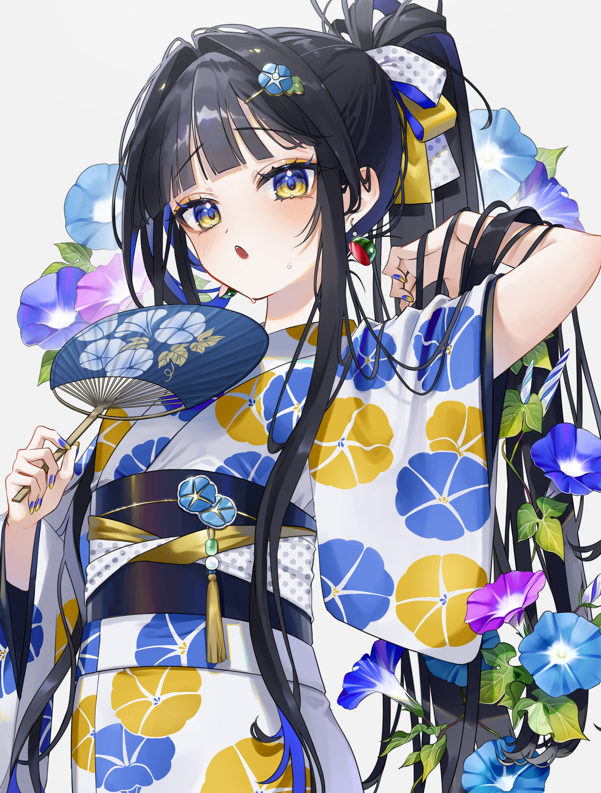 saika usagi, original, absurdres, commentary request, highres, 1girl, black hair, black sash, blue eyes, blue flower, blue nails, blunt bangs, earrings, floral background, floral print, floral print kimono, flower, grey background, hair intakes, hair ornament, hairclip, hand fan, high ponytail, holding, holding fan, japanese clothes, jewelry, kimono, long hair, looking at viewer, multicolored eyes, nail polish, obi, obiage, open mouth, ponytail, print kimono, purple flower, sash, sweatdrop, upper body, white kimono, wide sleeves, yellow eyes