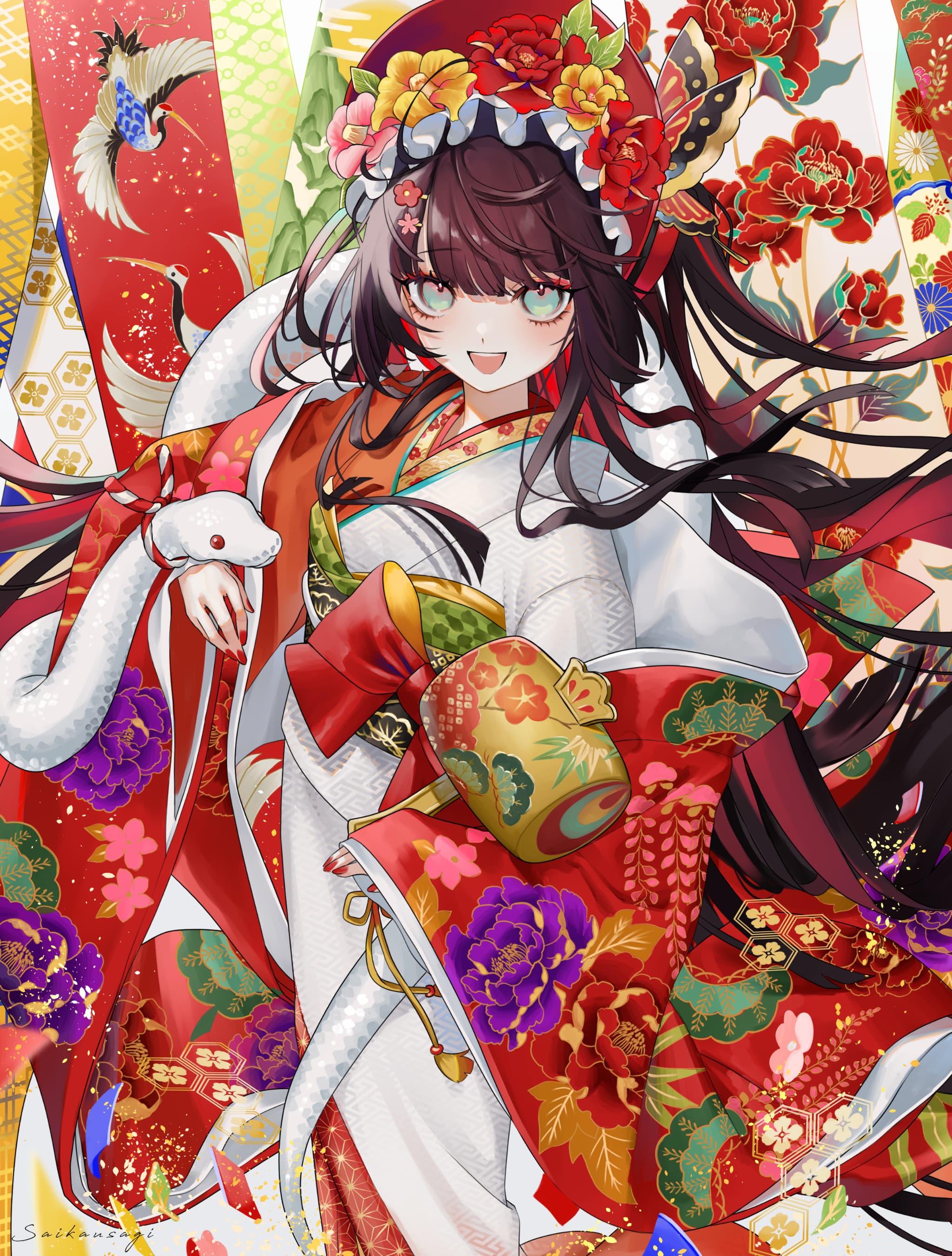 saika usagi, original, absurdres, commentary request, highres, 1girl, animal on arm, animal print, aqua eyes, asa no ha (pattern), bird print, black hair, black sash, bonnet, butterfly hat ornament, camellia, chinese zodiac, crane print, floral print, floral print kimono, flower, flower hairpin, frilled hat, frills, hair flower, hair ornament, hairclip, haori, hat, hat flower, hat ornament, japanese clothes, kanoko (pattern), kikkoumon, kikumon, kimono, kojitsunagi (pattern), kouhaku nawa, long hair, looking at viewer, matsu symbol, miracle mallet, nail polish, new year, obi, obiage, obijime, open mouth, peony (flower), peony print, pink flower, print haori, print kimono, red bonnet, red eyes, red flower, red haori, red hat, red kimono, red nails, rope, sash, seigaiha, shimenawa, smile, snake, solo, standing, tassel, teeth, upper teeth only, very long hair, white snake, wisteria print, year of the snake, yellow flower