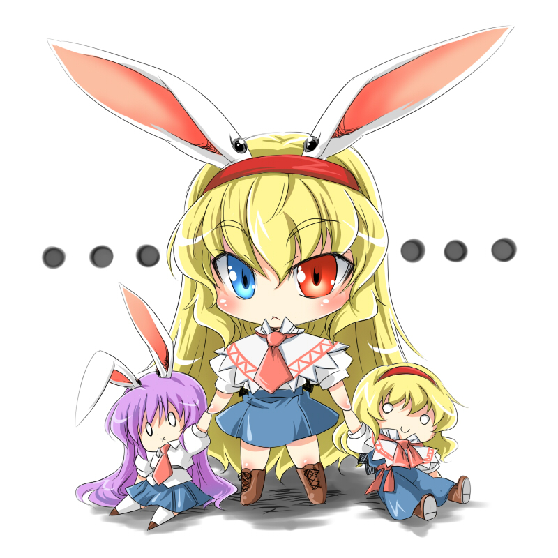 tajima yuuki, alice margatroid, reisen udongein inaba, touhou, 1girl, :<, animal ears, blonde hair, blouse, blue eyes, boots, brown boots, character doll, chibi, child, doll, female focus, full body, heterochromia, if they mated, lace-up boots, long hair, necktie, o o, purple hair, rabbit ears, red eyes, red necktie, shirt, short hair, solo, standing, very long hair, white background, white shirt, x mouth