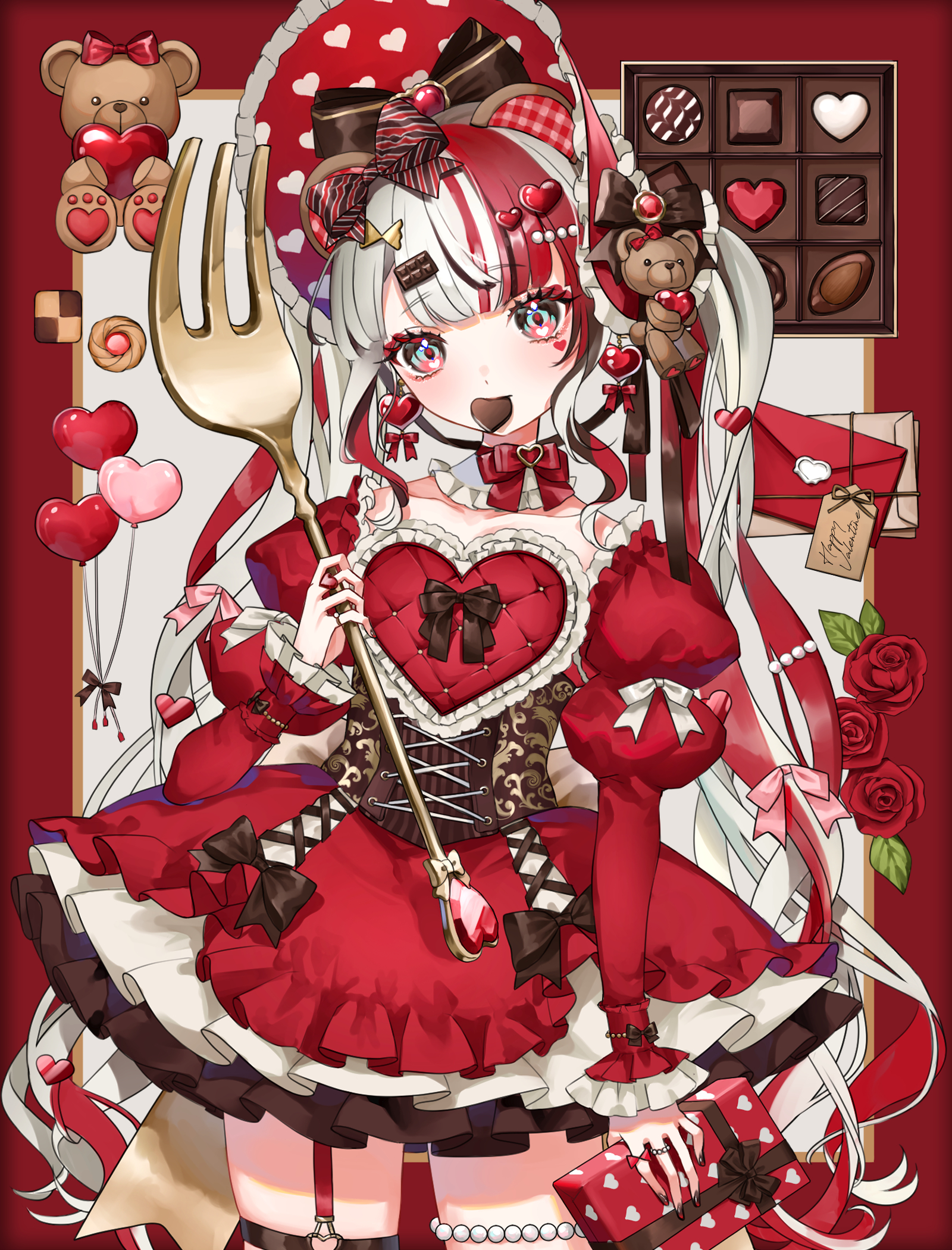 saika usagi, original, commentary, english commentary, highres, 1girl, animal ears, balloon, bear ears, bell sleeves, bonnet, bow, bow ring, box, box of chocolates, brown bow, brown corset, brown ribbon, candy, center-flap bangs, checkerboard cookie, chocolate, chocolate bar, chocolate hair ornament, chocolate heart, collarbone, cookie, corset, cowboy shot, detached collar, dress, earrings, facial mark, fake animal ears, flower, food, food-themed hair ornament, food in mouth, fork, frilled bonnet, frilled dress, frilled sleeves, frills, garter straps, gift, green eyes, hair bow, hair ornament, hand up, happy valentine, head tilt, heart, heart-shaped food, heart balloon, heart earrings, heart facial mark, heart hair ornament, heart in eye, heart o-ring, holding, holding fork, holding gift, jewelry, juliet sleeves, layered dress, letter, long hair, long sleeves, looking at viewer, love letter, mouth hold, multicolored hair, o-ring, o-ring thigh strap, oversized object, pink bow, puffy sleeves, red bow, red dress, red flower, red hair, red rose, red theme, ribbon, ring, rose, short dress, single garter strap, solo, standing, striped bow, stuffed animal, stuffed toy, symbol in eye, teddy bear, thigh strap, thumbprint cookie, twintails, two-tone hair, valentine, very long hair, white bow, white hair