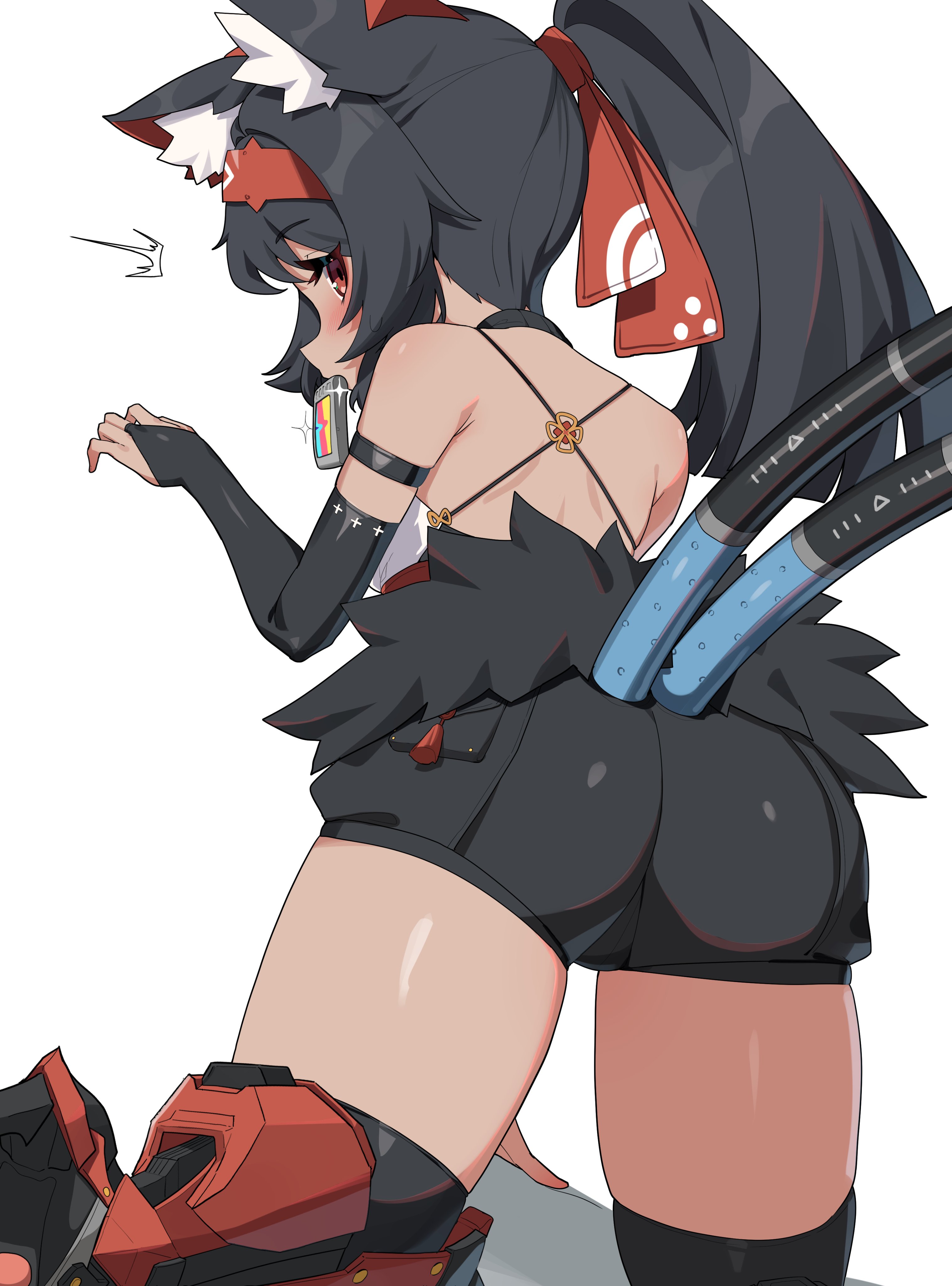w.k, nekomiya mana, zenless zone zero, absurdres, highres, 1girl, animal ear fluff, animal ears, ass, back, bare shoulders, black hair, black shorts, black thighhighs, blush, breasts, bridal gauntlets, brown eyes, cat ears, cat girl, cat tail, corset, detached sleeves, hairband, halter shirt, halterneck, long hair, looking at viewer, looking back, parted bangs, polychrome (zenless zone zero), ponytail, red corset, short shorts, shorts, sidelocks, small breasts, solo, tail, thighhighs, thighs
