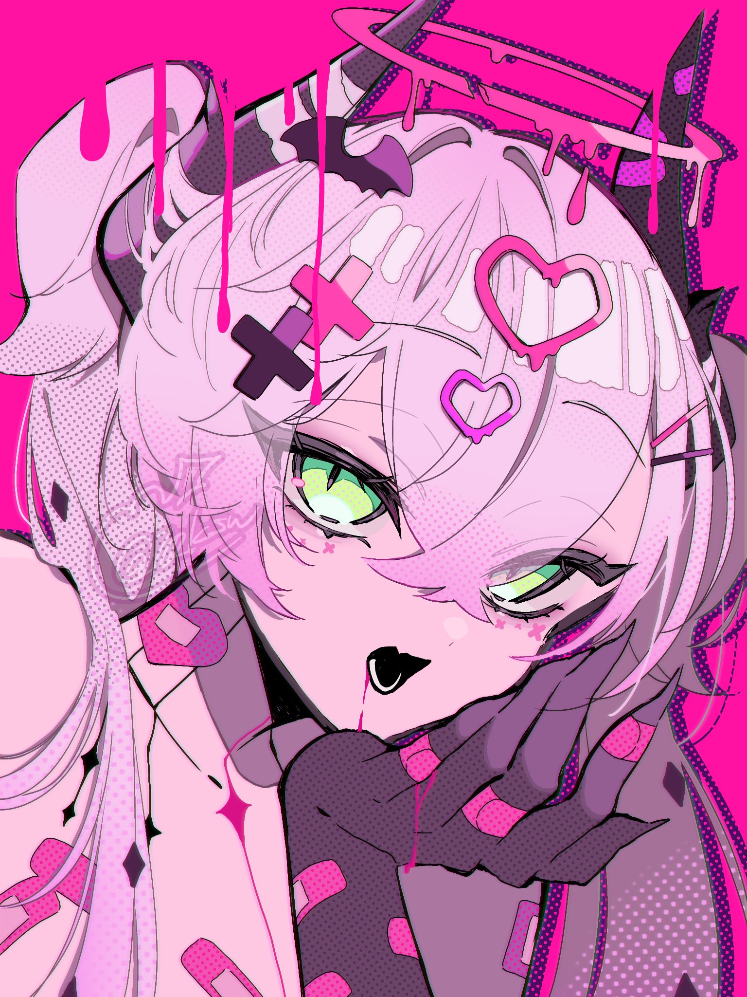 i10 ksw, lilith (fate), fate/grand order, fate (series), highres, 1girl, bandaid, black hands, body markings, breasts, collarbone, colored extremities, crossed bangs, demon girl, demon horns, ear piercing, green eyes, grey hair, hair between eyes, horns, long hair, looking at viewer, medium breasts, open mouth, piercing, pointy ears, solo, twintails, very long hair