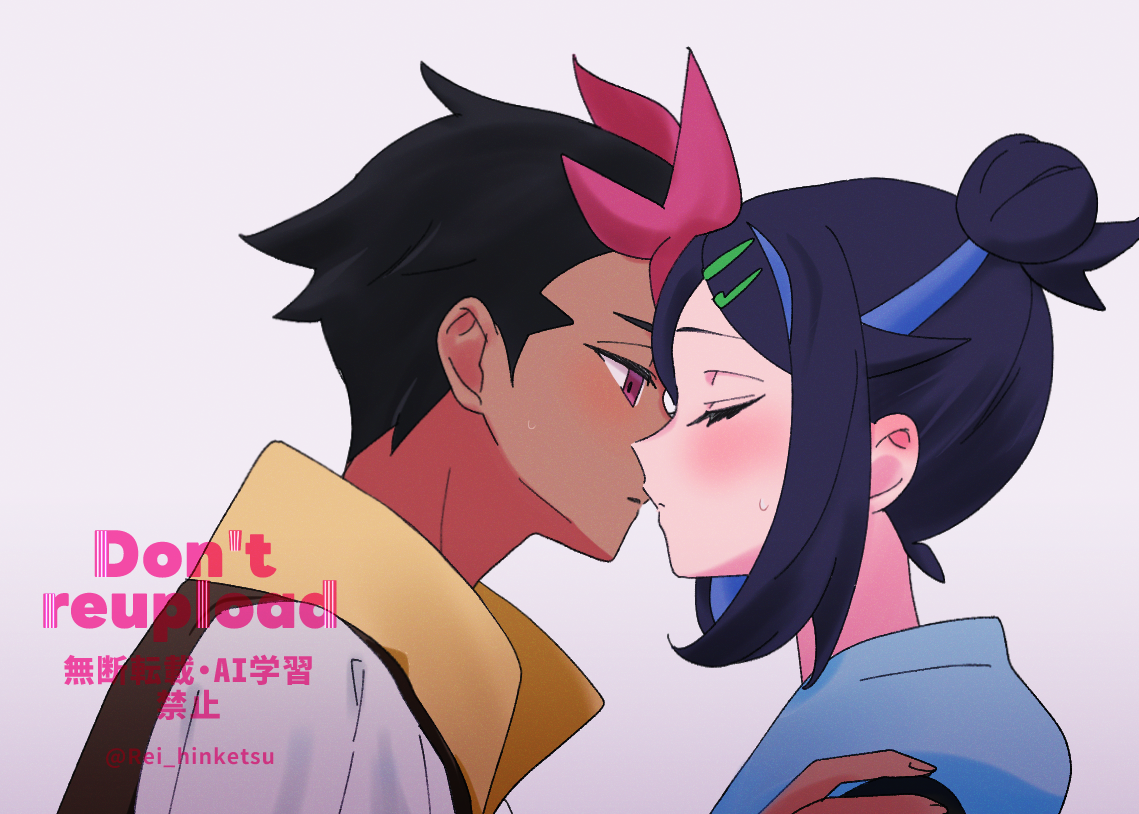 rei hinketsu, liko (pokemon), roy (pokemon), nintendo, pokemon, pokemon (anime), pokemon horizons, commentary request, 1boy, 1girl, black hair, brown vest, hair bun, hair ornament, hairclip, hand on another's shoulder, hetero, hood, hood down, hooded vest, hoodie, imminent kiss, multicolored hair, pink hair, shirt, short hair, sidelocks, sweatdrop, swept bangs, two-tone hair, upper body, vest