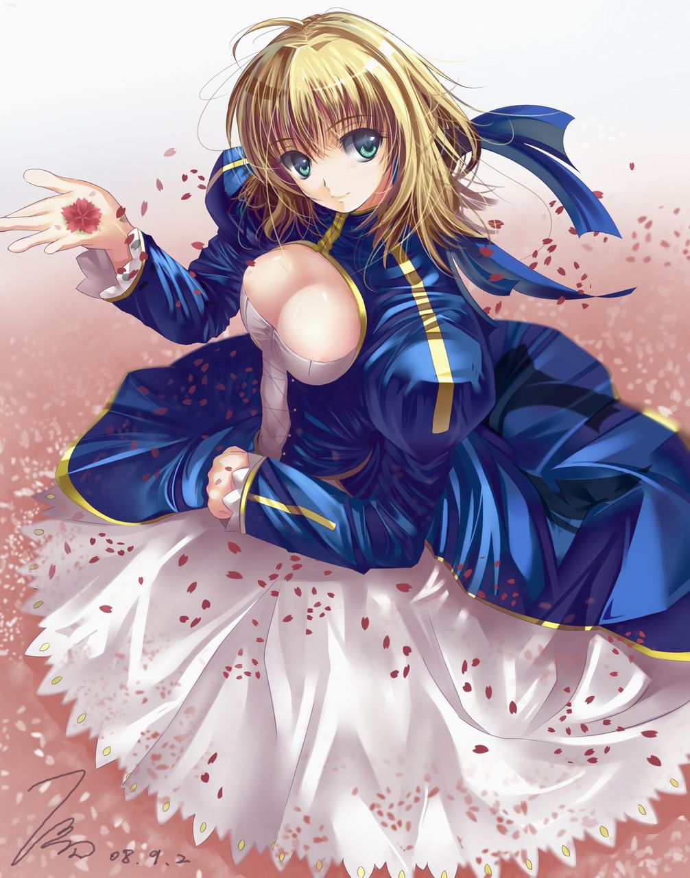 miyazakisoul, artoria pendragon (fate), saber (fate), fate/stay night, fate (series), highres, 00s, 1girl, blonde hair, breasts, cleavage, female focus, green eyes, large breasts, solo