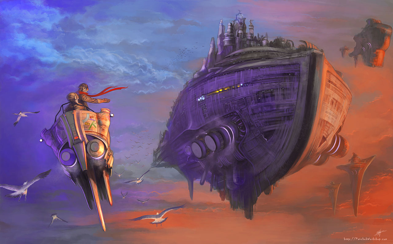 panchok, original, bad id, bad pixiv id, 2boys, aircraft, airship, bird, cloud, flying, multiple boys, seagull, sky, sunset, vehicle focus