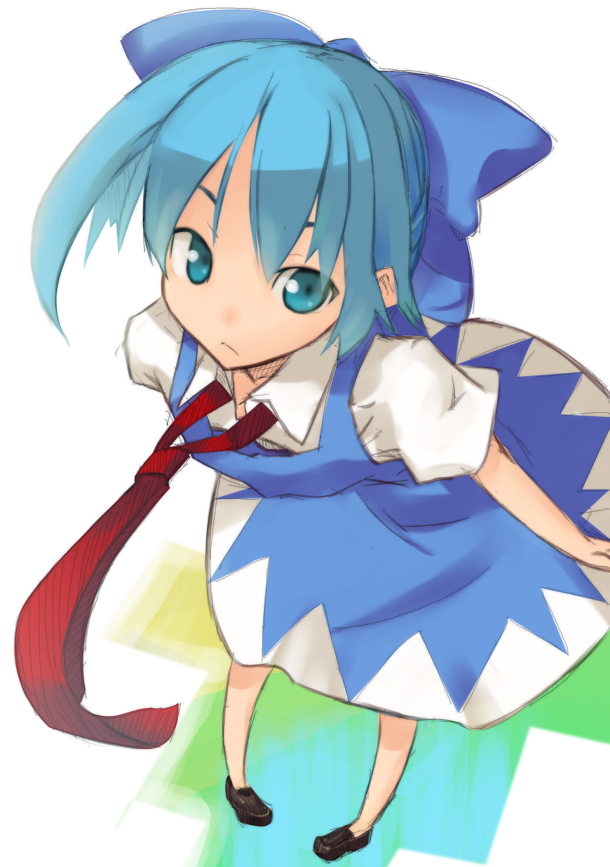 nemuge, cirno, touhou, absurdres, bad id, bad pixiv id, highres, 1girl, blue hair, dress, female focus, ribbon, short hair, solo, white background