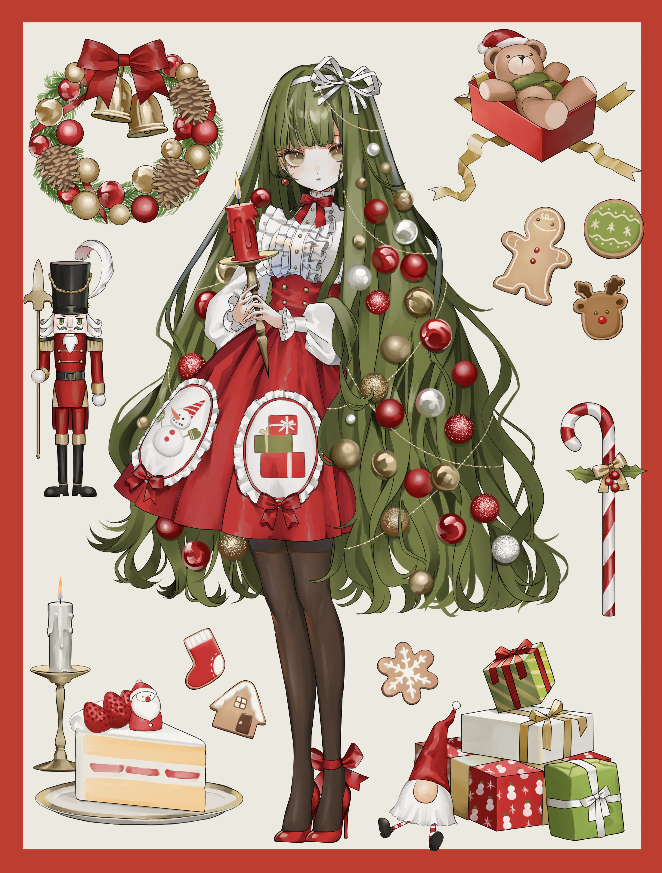 saika usagi, original, absurdres, commentary, english commentary, highres, 1girl, black pantyhose, cake, candy, candy cane, christmas, christmas ornaments, christmas tree, dress, expressionless, food, gift, gingerbread man, green eyes, green hair, hat, high heels, long hair, long skirt, looking at viewer, pantyhose, red dress, red skirt, santa hat, shirt, skirt, snowflakes, snowman, solo, strawberry shortcake, stuffed animal, stuffed toy, teddy bear, toy soldier, very long hair, white shirt