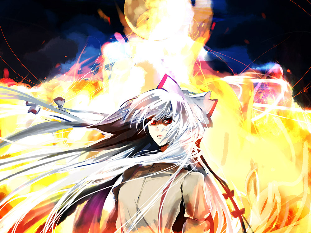 popoin, fujiwara no mokou, touhou, silver hair, 1girl, bow, female focus, fire, long hair, red eyes, solo, upper body