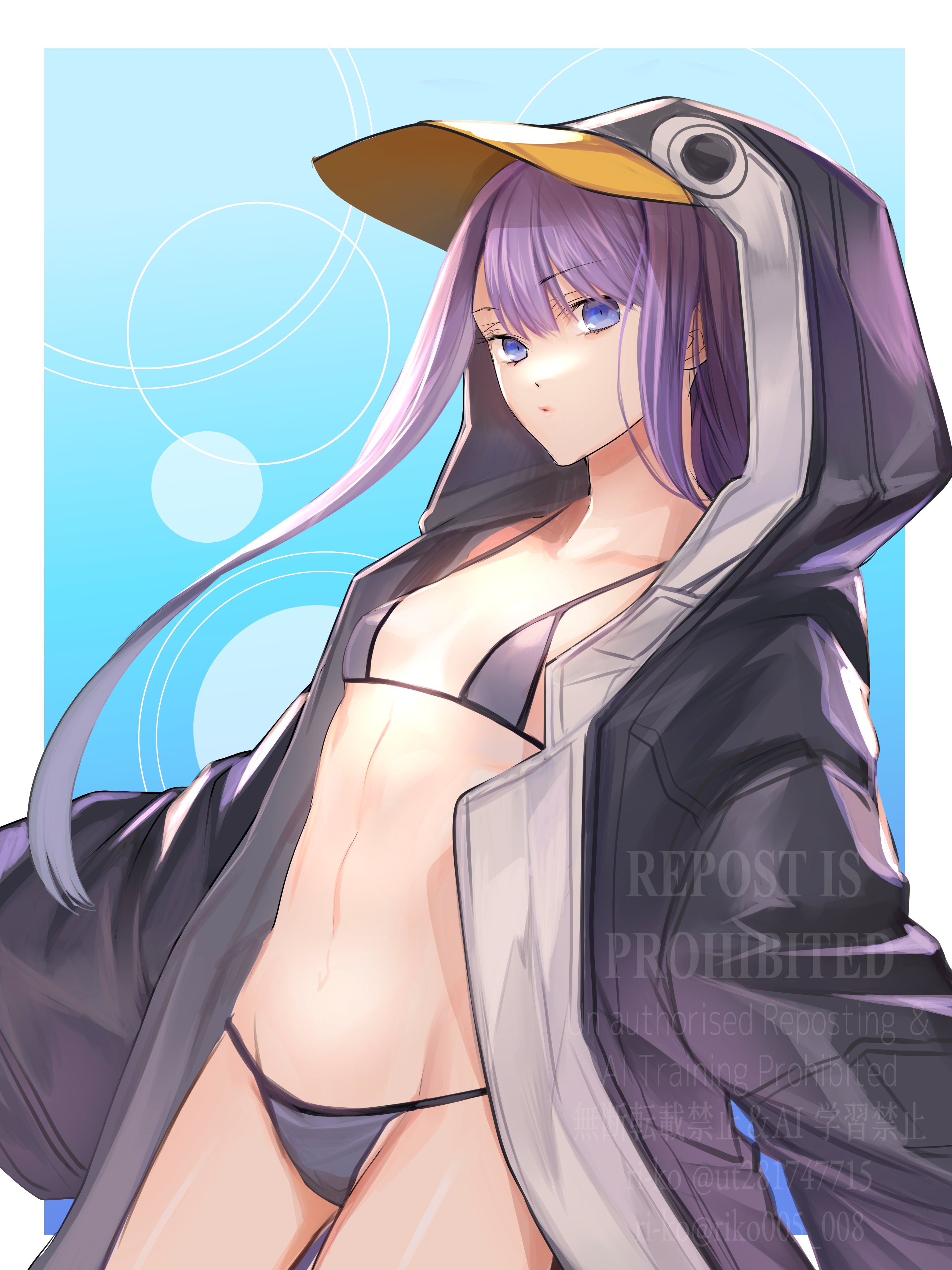 ri-ko, meltryllis, meltryllis (fate), meltryllis (swimsuit lancer) (fate), meltryllis (swimsuit lancer) (first ascension) (fate), fate/grand order, fate (series), absurdres, highres, 1girl, animal hood, bare shoulders, bikini, black bikini, black jacket, blue bow, blue eyes, bow, breasts, hood, hood up, jacket, long hair, long sleeves, looking at viewer, navel, penguin hood, purple hair, sleeves past fingers, sleeves past wrists, small breasts, solo, swimsuit, thighs, very long hair