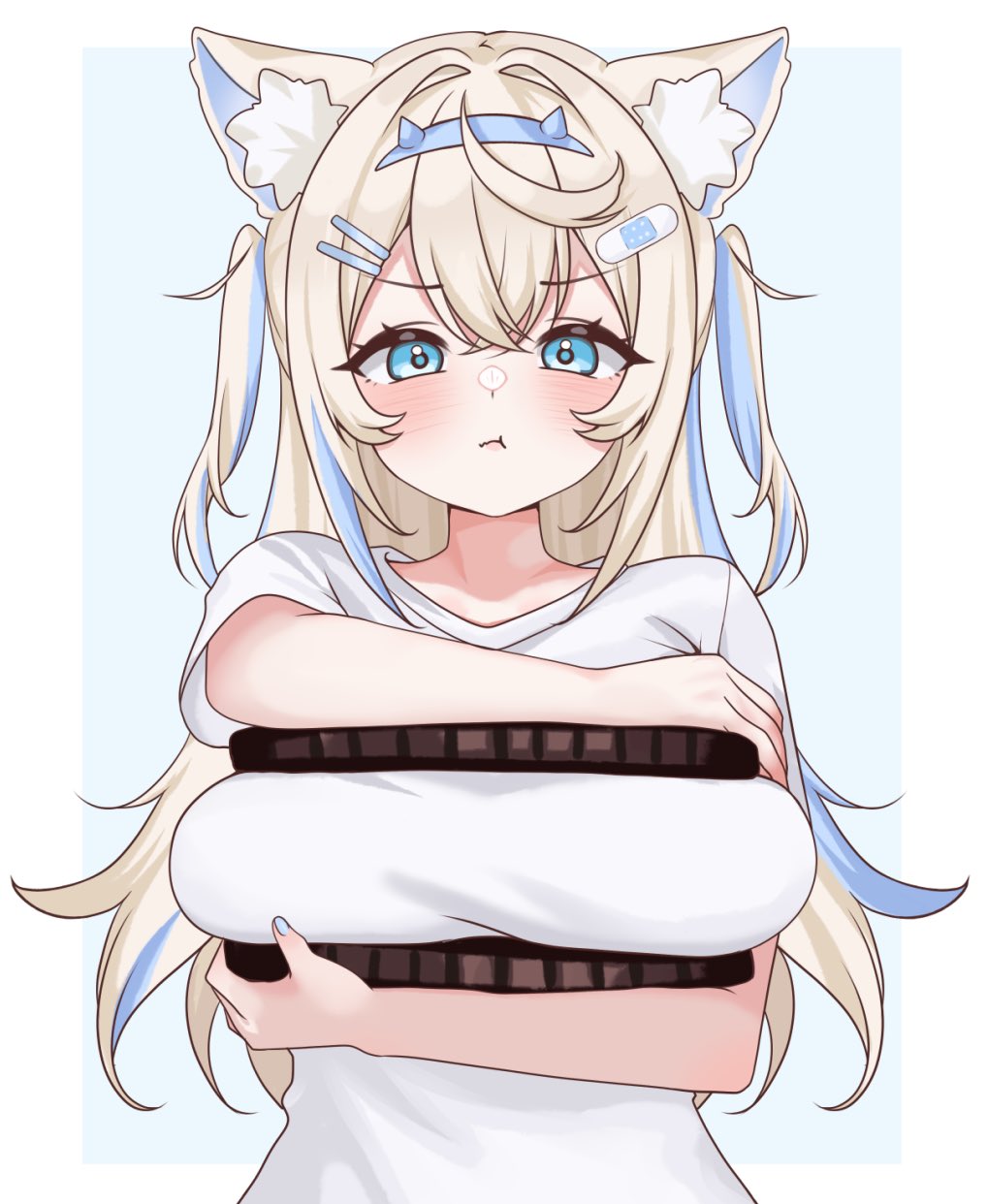 moshiedraws, fuwawa abyssgard, hololive, hololive english, commentary, english commentary, highres, 1girl, :t, animal ear fluff, animal ears, arm under breasts, bandaid, bandaid hair ornament, blonde hair, blue background, blue eyes, blue hairband, blue nails, blue streaks, blush, border, breast press, breasts, crossed bangs, dog ears, dog girl, double-parted bangs, fake horns, fingernails, food on body, food on breasts, hair intakes, hair ornament, hairband, hairclip, hands up, horn hairband, horns, large breasts, long hair, looking at viewer, meme, multicolored hair, nail polish, oreo, oversized food, oversized object, parallel hairclips, pout, shioreos (meme), shirt, short sleeves, simple background, solo, streaked hair, t-shirt, tareme, two-tone hair, two side up, upper body, v-shaped eyebrows, virtual youtuber, white border, white shirt