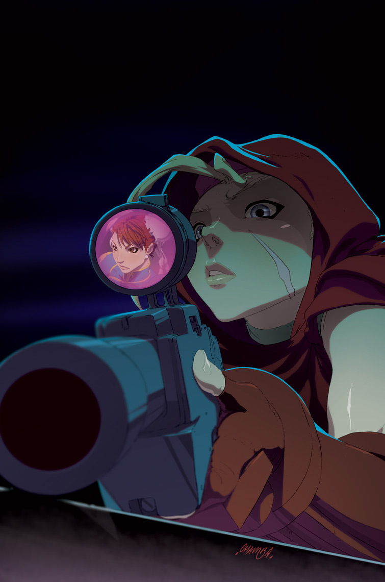 lastscionz, udon entertainment, cammy white, chun-li, street fighter, blonde hair, blue eyes, bun cover, double bun, gloves, gun, hood, rifle, scar, sniper rifle, udon, weapon