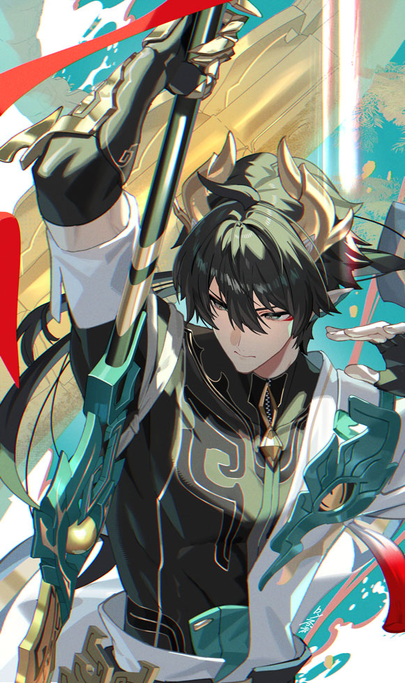 scottie (phantom2), dan heng (honkai: star rail), dan heng (permansor terrae) (honkai: star rail), honkai: star rail, honkai (series), 1boy, ahoge, black gloves, black hair, black shirt, closed mouth, dragon boy, dragon horns, eyeliner, fingerless gloves, gauntlets, gloves, green eyes, hadanugi dousa, hair between eyes, holding, holding weapon, horns, makeup, official alternate costume, open kimono, pointy ears, polearm, red eyeliner, red ribbon, ribbon, shirt, weapon