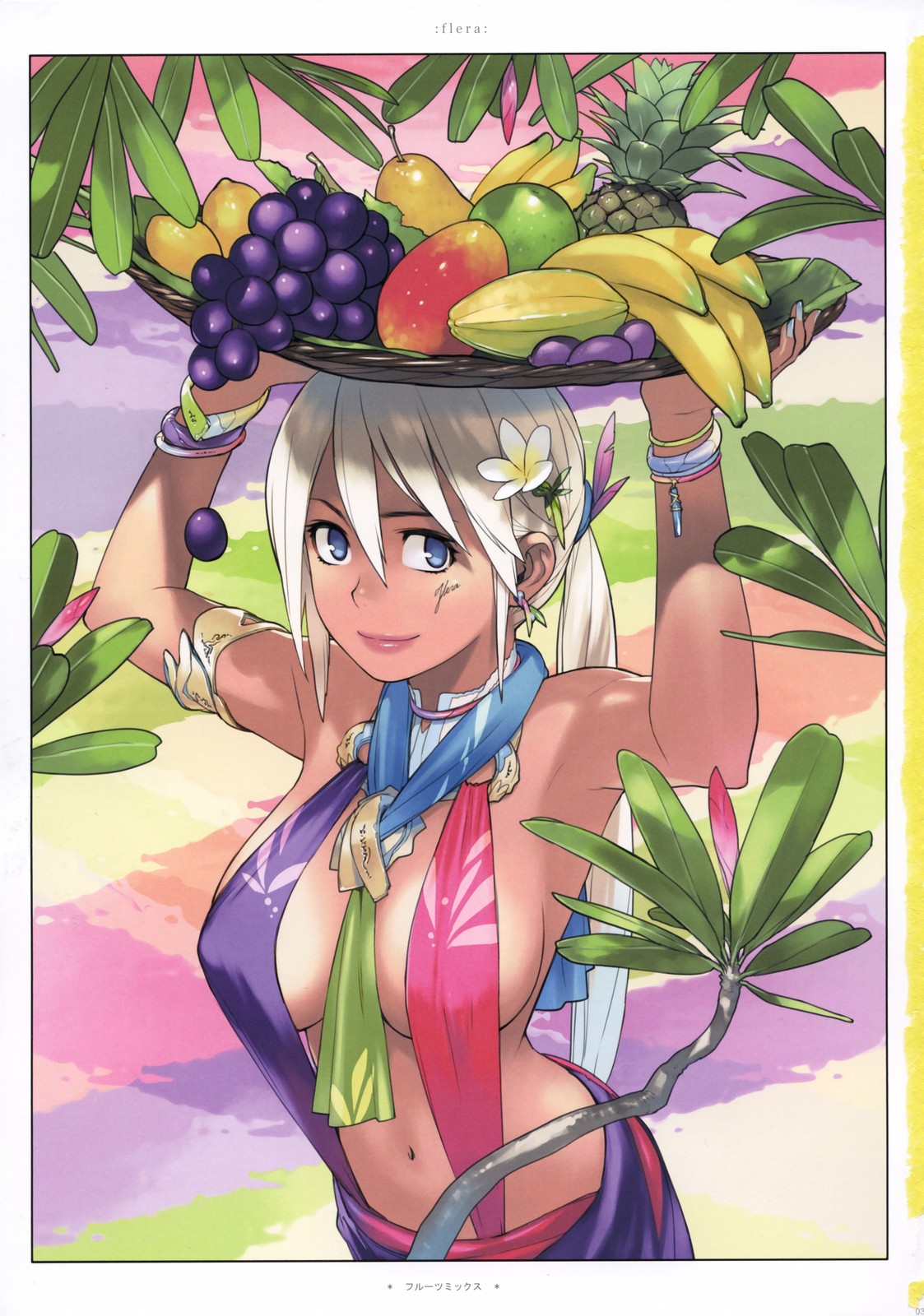 yukimi, flera, original, highres, scan, 1girl, armlet, armpits, banana, between breasts, blue eyes, blue neckerchief, body writing, breasts, dark-skinned female, dark skin, facial tattoo, female focus, flower, food, from side, fruit, fruit bowl, grapes, green neckerchief, hair between eyes, hair flower, hair ornament, halterneck, jewelry, large breasts, leaf hair ornament, lemon, lime (fruit), long hair, looking at viewer, mango, melon, neckerchief, no bra, outdoors, parted bangs, pear, pineapple, plum, ponytail, revealing clothes, sideboob, smile, solo, standing, starfruit, tattoo, text tattoo, very long hair, white hair