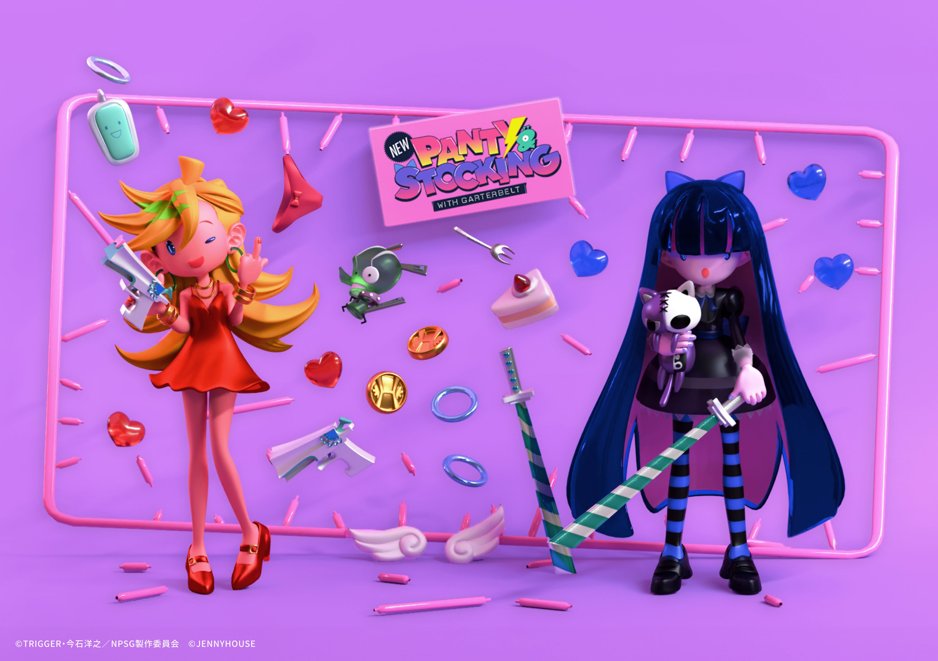 jenny kaori, chuck (psg), honekoneko (psg), panty (psg), stocking (psg), panty & stocking with garterbelt, trigger (company), shoe strap, absurdres, highres, official art, second-party source, 2girls, 3d, angel wings, aqua eyes, arms at sides, artist name, asymmetrical bangs, back bow, backlace (psg), bare arms, bare shoulders, black dress, black shoes, black thighhighs, blonde hair, blue bow, blue halo, blue ribbon, blue thighhighs, bow, bow panties, bracelet, cake, cellphone, character name, character profile, coin, collar, collared shirt, colored inner hair, company name, copyright name, copyright notice, dress, dress straps, earrings, english text, facing viewer, food, fork, full body, gold bracelet, gold necklace, goth fashion, gothic lolita, grey halo, gun, hair between eyes, hair bow, halo, heart, heaven coin, high heels, holding, holding gun, holding sword, holding weapon, hoop earrings, horizontal-striped thighhighs, jewelry, juliet sleeves, katana, lace, lace-trimmed dress, lace trim, legs apart, loafers, logo, lolita fashion, long bangs, long hair, long sleeves, looking at viewer, makeup, middle finger, multicolored hair, multiple girls, nail polish, neck ribbon, necklace, one eye closed, open mouth, panties, parted hair, partially shaded face, peter pan collar, phone, pink hair, puffy sleeves, pumps, purple background, purple collar, purple hair, purple nails, purple tail, red dress, red nails, red panties, red shoes, ribbon, shirt, shoes, short dress, siblings, simple background, sisters, sleeveless, sleeveless dress, spaghetti strap, sprue, standing, stitches, strawberry shortcake, stripe i & ii (psg), striped clothes, striped shirt, striped thighhighs, stuffed animal, stuffed cat, stuffed toy, sword, teeth, thighhighs, toy, two-tone hair, two-tone thighhighs, undershirt, underwear, unworn panties, very long hair, waist bow, weapon, white shirt, white sleeve cuffs, white wings, wings, zipper