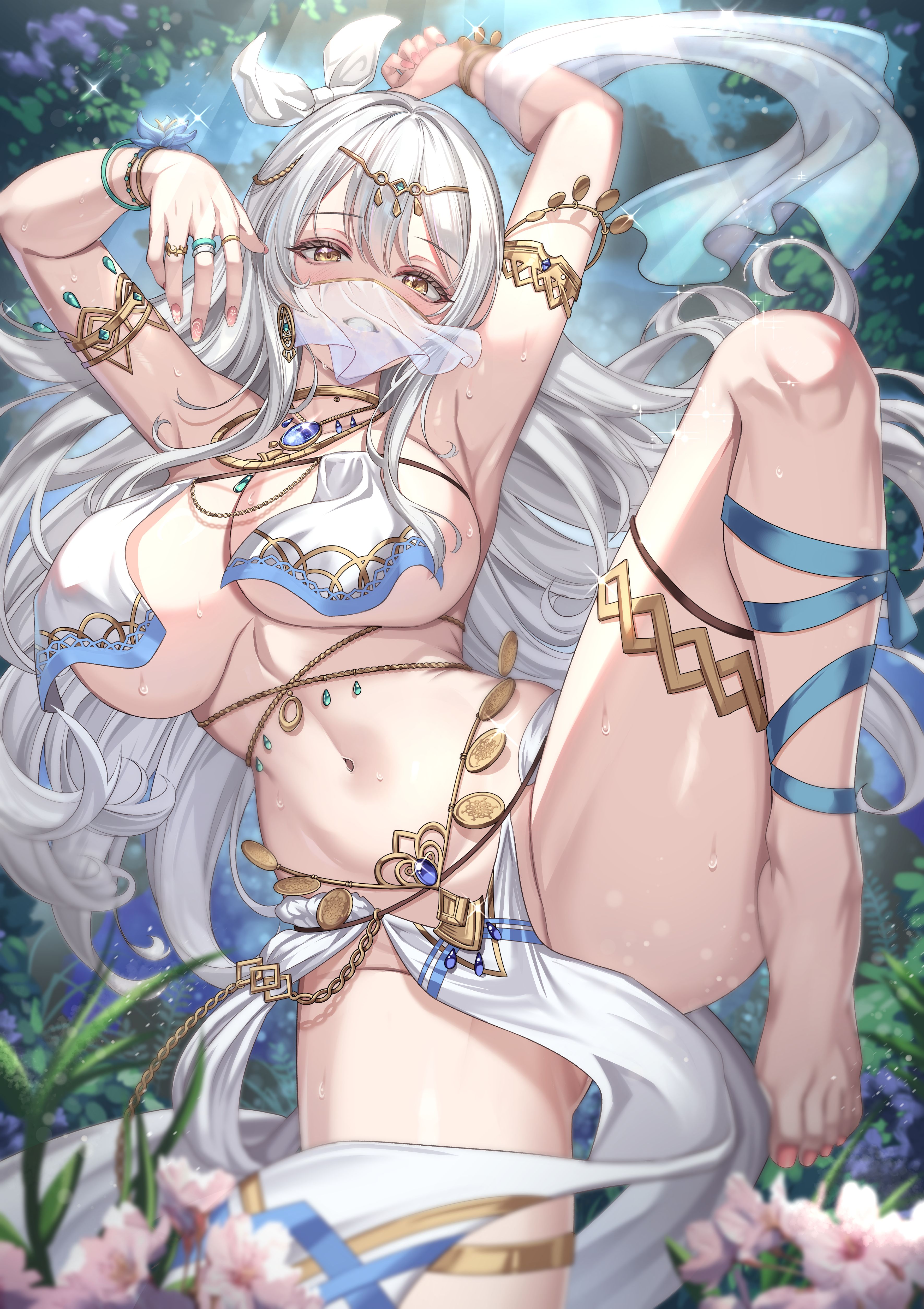 kainown, dungeon and fighter, original, absurdres, commission, highres, second-party source, 1girl, armlet, armpits, arms up, bare shoulders, barefoot, birth's character, blurry, bracelet, breast curtains, breasts, circlet, cleavage, collar, dancer, depth of field, gold choker, grin, hair ribbon, harem outfit, jewelry, large breasts, leg up, long hair, looking at viewer, mouth veil, multiple rings, nail polish, navel, no panties, pelvic curtain, revealing clothes, ribbon, ring, shawl, smile, solo, stomach, sweat, thighlet, thighs, toenail polish, toenails, underboob, veil, very long hair, white hair, yellow eyes