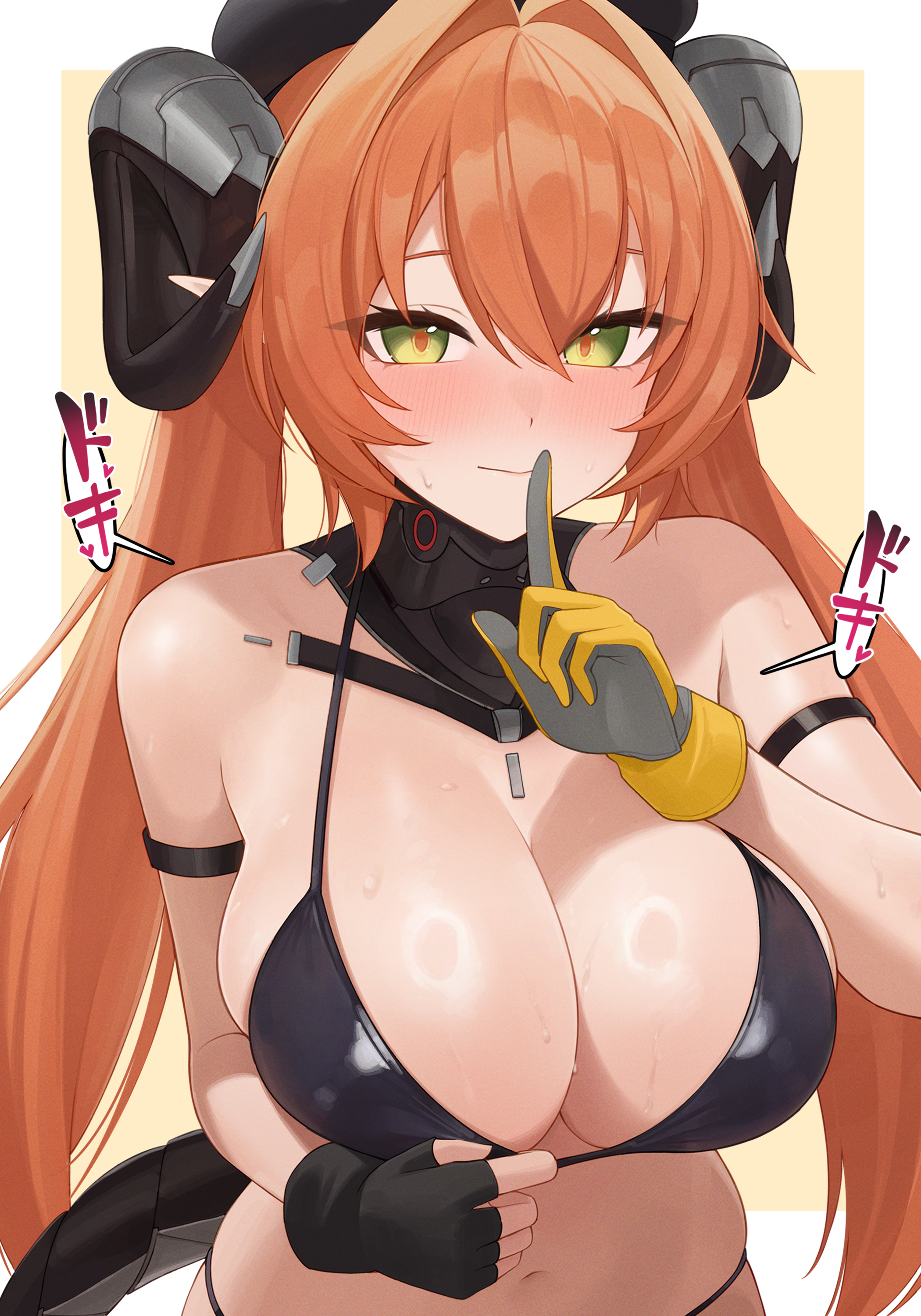 weimiaw, orphie magnusson, zenless zone zero, absurdres, highres, 1girl, alternate costume, asymmetrical gloves, beret, bikini, black bikini, black gloves, black hat, blush, border, breasts, dragon horns, finger to mouth, fingerless gloves, gloves, green eyes, hat, horns, large breasts, long hair, mechanical horns, navel, orange hair, orange pupils, pointy ears, single fingerless glove, solo, stomach, sweat, sweatdrop, swimsuit, upper body, white border, yellow background, yellow gloves