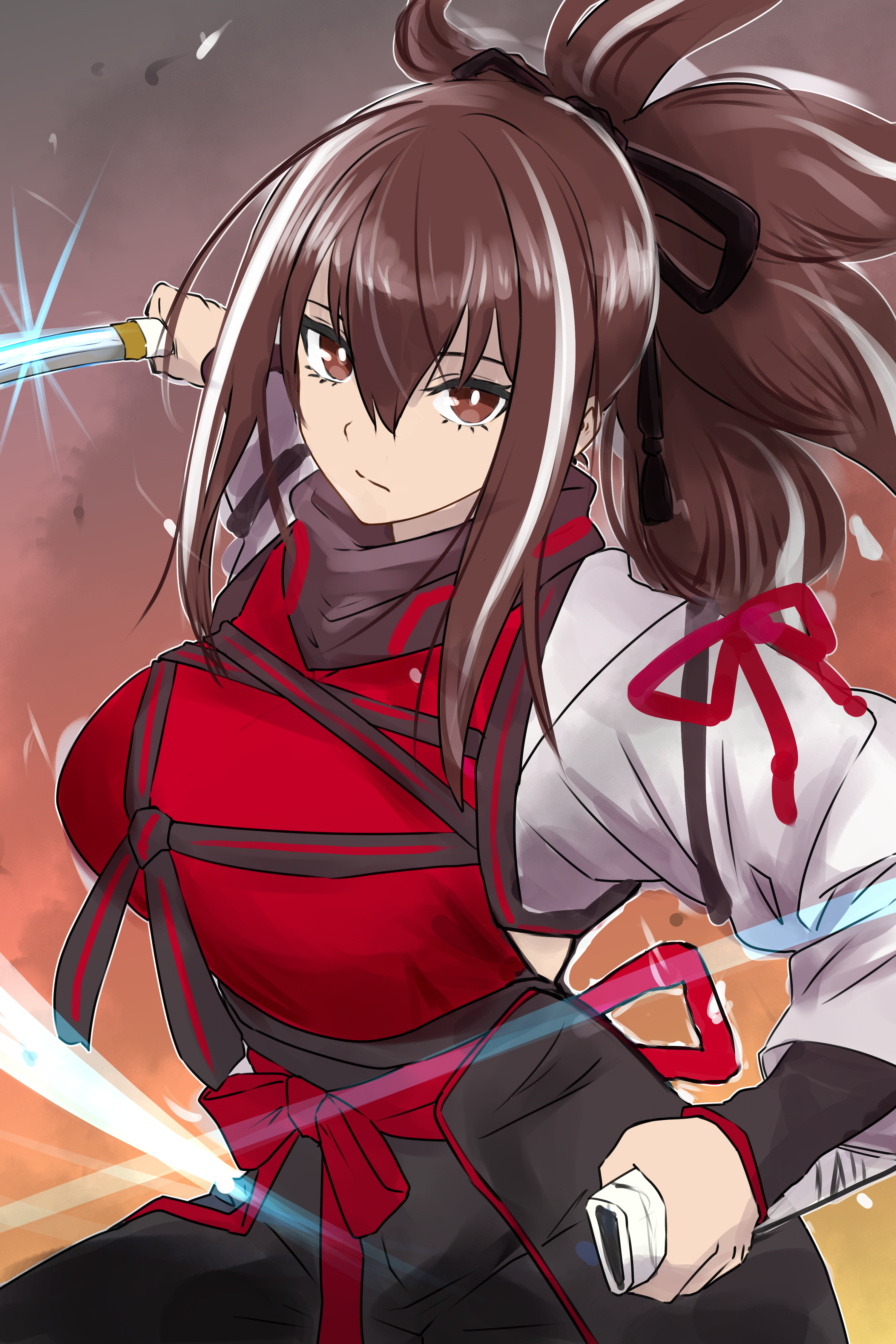 bamboo tac, fate/grand order, fate (series), absurdres, highres, 1girl, breasts, brown eyes, brown hair, katana, kawakami gensai (fate), large breasts, long hair, long sleeves, looking at viewer, multicolored hair, ponytail, sheath, sidelocks, solo, streaked hair, sword, weapon, white hair