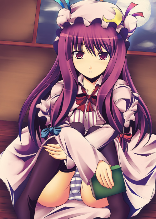 kuronezumi, patchouli knowledge, touhou, 1girl, book, cameltoe, dress, female focus, hat, indoors, long hair, panties, pantyshot, purple eyes, purple hair, sitting, sky, solo, striped clothes, striped panties, thighhighs, underwear