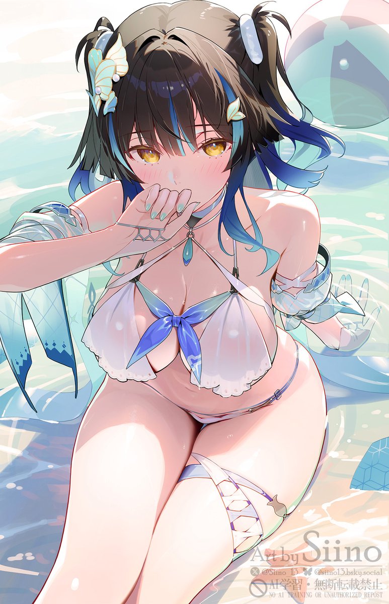 siino, siris (snowbreak), snowbreak: containment zone, highres, 1girl, ball, beachball, black hair, breasts, cleavage, colored inner hair, covering own mouth, gradient hair, large breasts, linked bikini, looking at viewer, multicolored hair, o-ring, o-ring swimsuit, official alternate hairstyle, sitting, solo, swimsuit, two side up, watermark