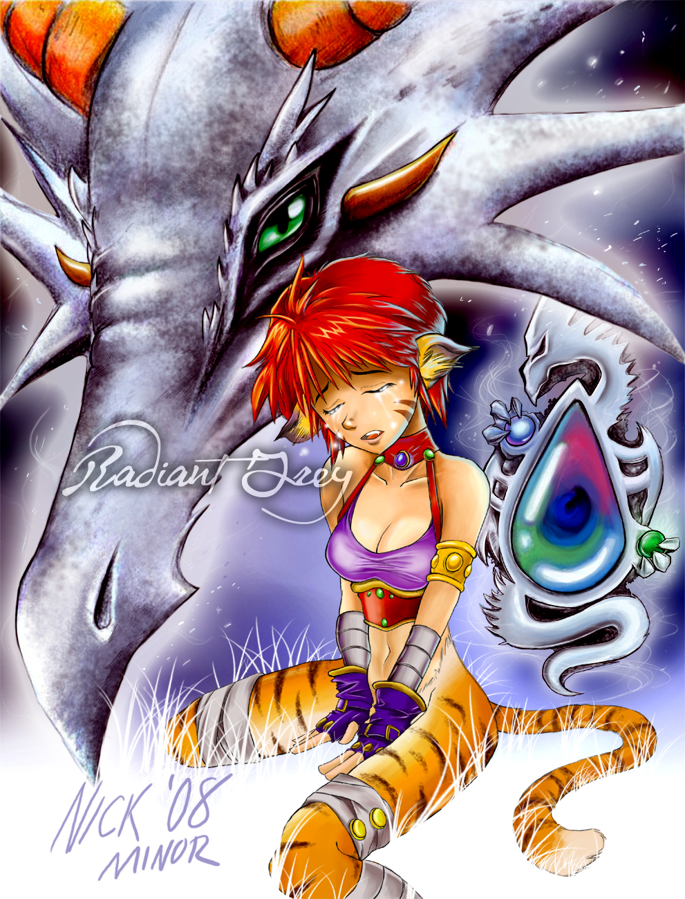 katt (breath of fire), breath of fire, breath of fire ii, highres, animal ears, cat ears, cat tail, dragon, green eyes, horns, tail, tears, tiger stripes