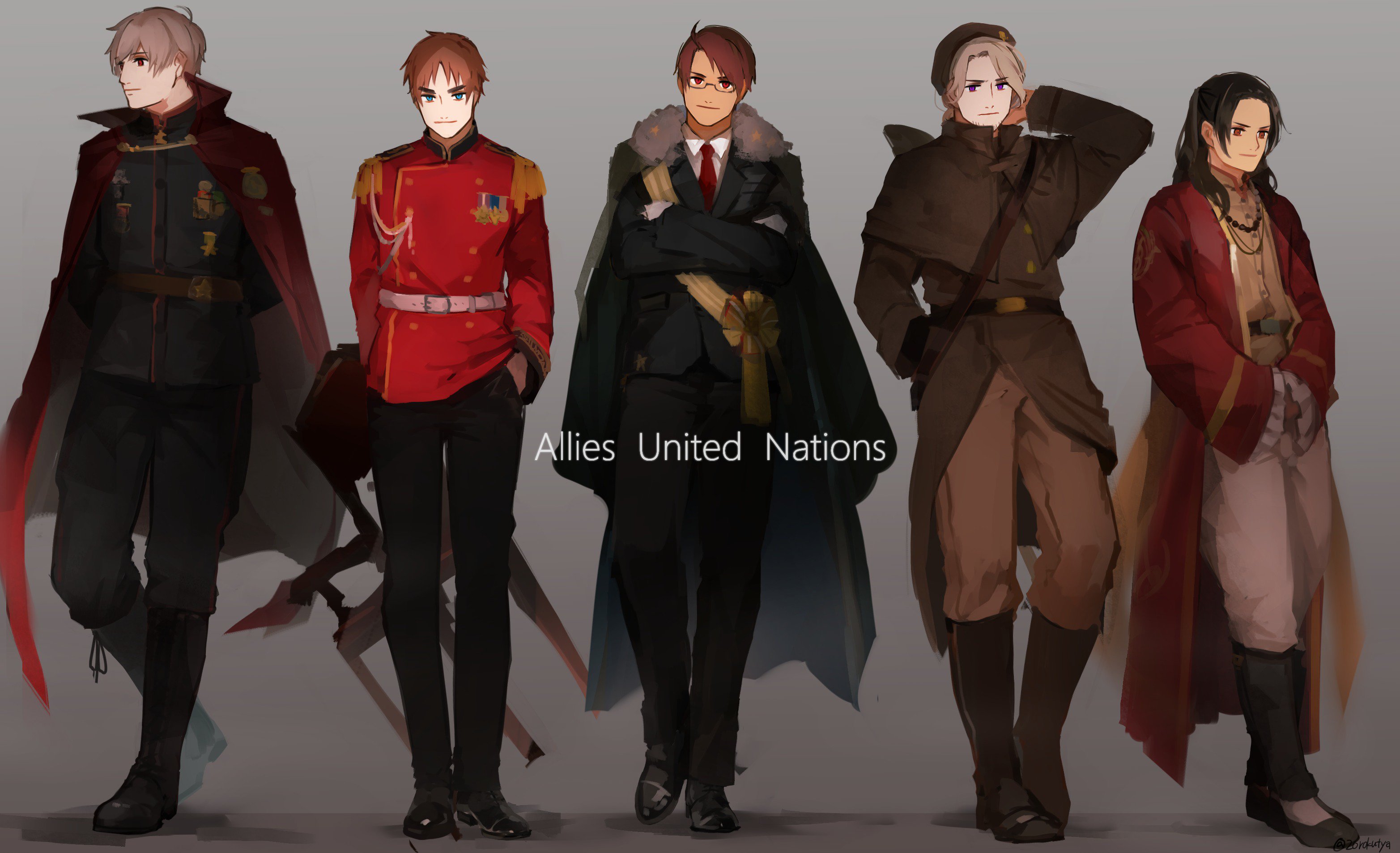 nijuurokucha, america (hetalia), china (hetalia), france (hetalia), russia (hetalia), united kingdom (hetalia), axis powers hetalia, commentary request, highres, 5boys, ahoge, aiguillette, arms behind back, artist name, bead necklace, beads, belt, beret, black-framed eyewear, black belt, black boots, black coat, black hair, black hat, black jacket, black pants, black shoes, blonde hair, blue eyes, boots, brown capelet, brown hair, brown jacket, brown pants, brown shirt, capelet, chair, chinese clothes, cloak, closed mouth, coat, collared shirt, crossed arms, english text, epaulettes, facial hair, frills, full body, fur-trimmed coat, fur trim, glasses, gloves, green jacket, grey background, grey hair, hand in pocket, hands in opposite sleeves, hat, holding, holding chair, jacket, jewelry, lapels, long hair, long sleeves, looking at viewer, looking to the side, male focus, medal, military hat, military jacket, military uniform, multiple boys, necklace, necktie, open clothes, open coat, open jacket, pants, purple eyes, red cloak, red eyes, red jacket, red necktie, sash, semi-rimless eyewear, shadow, shirt, shoes, short hair, simple background, smile, standing, star ornament, tangzhuang, v-shaped eyebrows, white belt, white gloves, white pants, white shirt, wooden chair, yellow belt, yellow sash