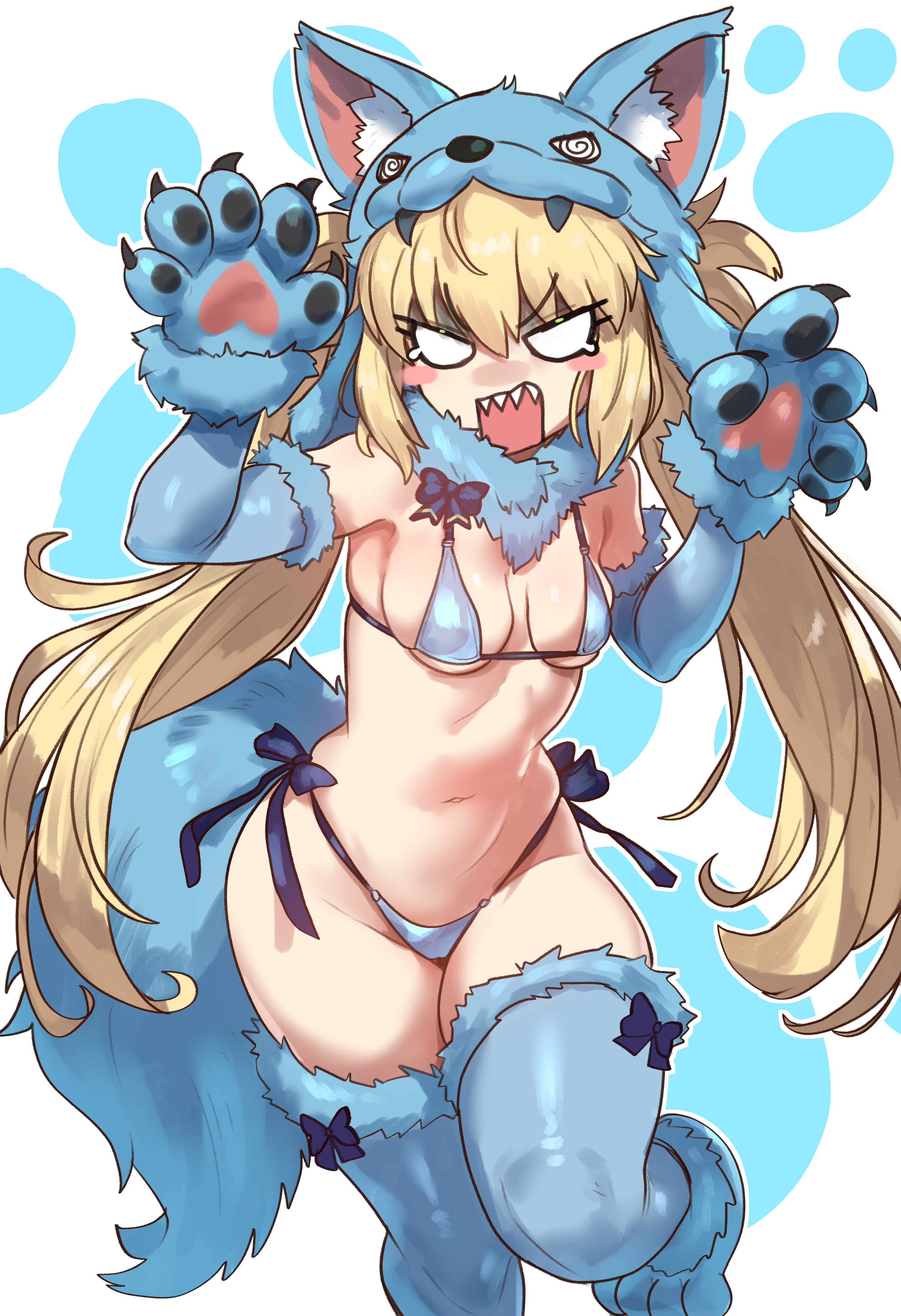 ebora, artoria caster (fate), artoria pendragon (fate), mash kyrielight, mash kyrielight (dangerous beast), fate/grand order, fate (series), absurdres, highres, 1girl, alternate color, angry, animal ears, animal hands, bikini, blonde hair, blue bikini, blue gloves, blue thighhighs, blush stickers, breasts, cosplay, elbow gloves, fake tail, fur-trimmed gloves, fur-trimmed legwear, fur collar, fur trim, gloves, green eyes, looking at viewer, low twintails, mash kyrielight (dangerous beast) (cosplay), medium breasts, navel, open mouth, paw gloves, paw print, paw print background, revealing clothes, side-tie bikini bottom, simple background, smug, solo, swimsuit, tail, thighhighs, twintails, white background, wolf hood, wolf tail