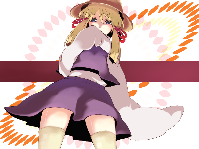 zen (pixiv), zen (raspberry), moriya suwako, touhou, 1girl, blonde hair, female focus, hat, ribbon, skirt, socks, solo, thighhighs, white background