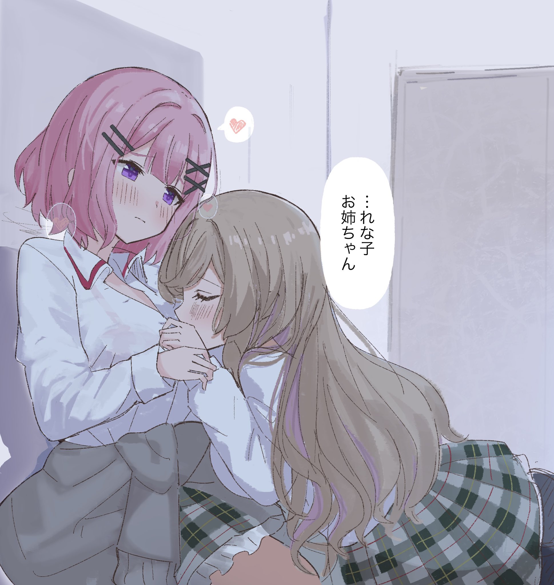 jellyman, amaori renako, sena ajisai, watashi ga koibito ni nareru wake naijan murimuri!, highres, translation request, 2girls, ashigaya high school uniform, blush, brown hair, checkered clothes, checkered skirt, closed eyes, clothes around waist, door, hair ornament, hairclip, hand on another's chest, heart, kissing chest, long hair, multiple girls, parallel hairclips, partially unbuttoned, pink hair, purple eyes, school uniform, shirt, short hair, sitting, skirt, spoken heart, sweater, sweater around waist, white background, white shirt, x hair ornament, yuri