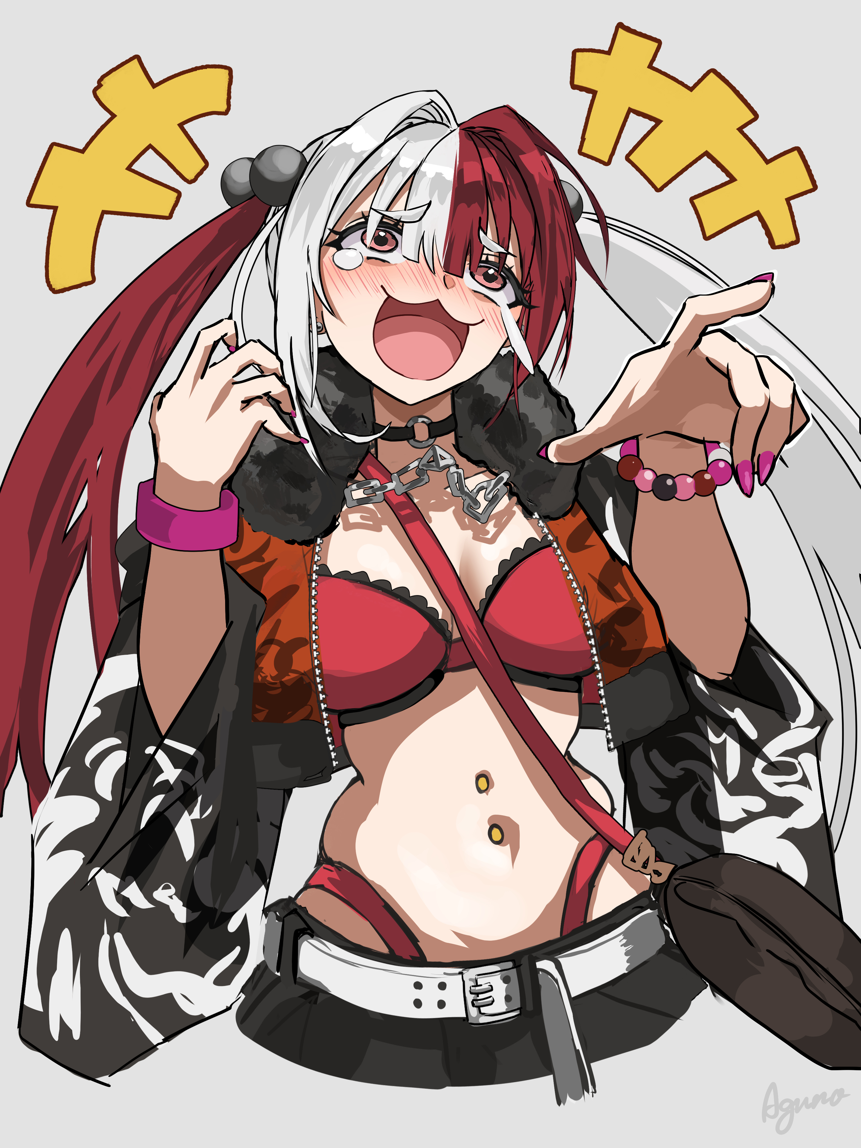 shibao aoyama, matsunaga hitsuhide (fate), fate/grand order, fate (series), absurdres, highres, 1girl, belt, breasts, cropped jacket, jacket, multicolored hair, navel piercing, open clothes, open jacket, open mouth, piercing, red eyes, red hair, solo, twintails, two-tone hair, white background, white belt, white hair