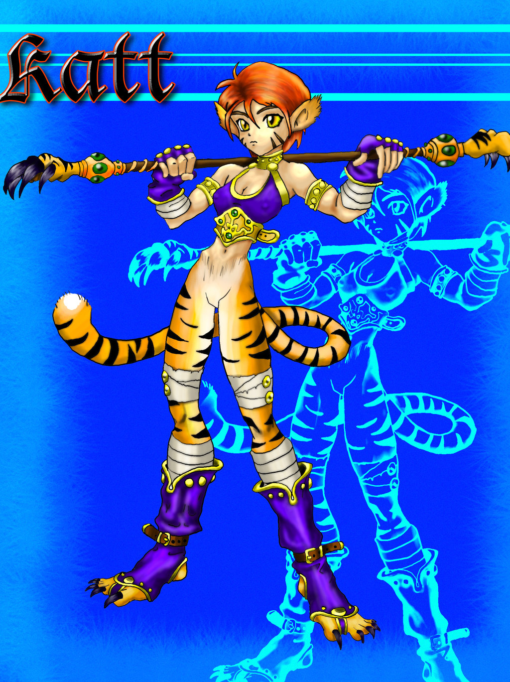 katt (breath of fire), breath of fire, breath of fire ii, highres, animal ears, bandages, cat ears, cat tail, claws, fingerless gloves, gloves, tail