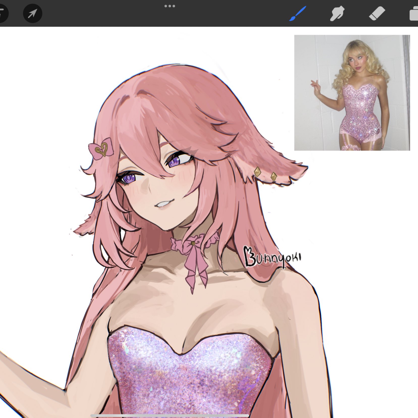 bunnyoki, yae miko, genshin impact, highres, unfinished, 2girls, animal ears, bare shoulders, breasts, choker, cleavage, collarbone, fox ears, grin, long hair, multiple girls, pink choker, pink hair, purple eyes, simple background, smile, strapless, upper body, white background