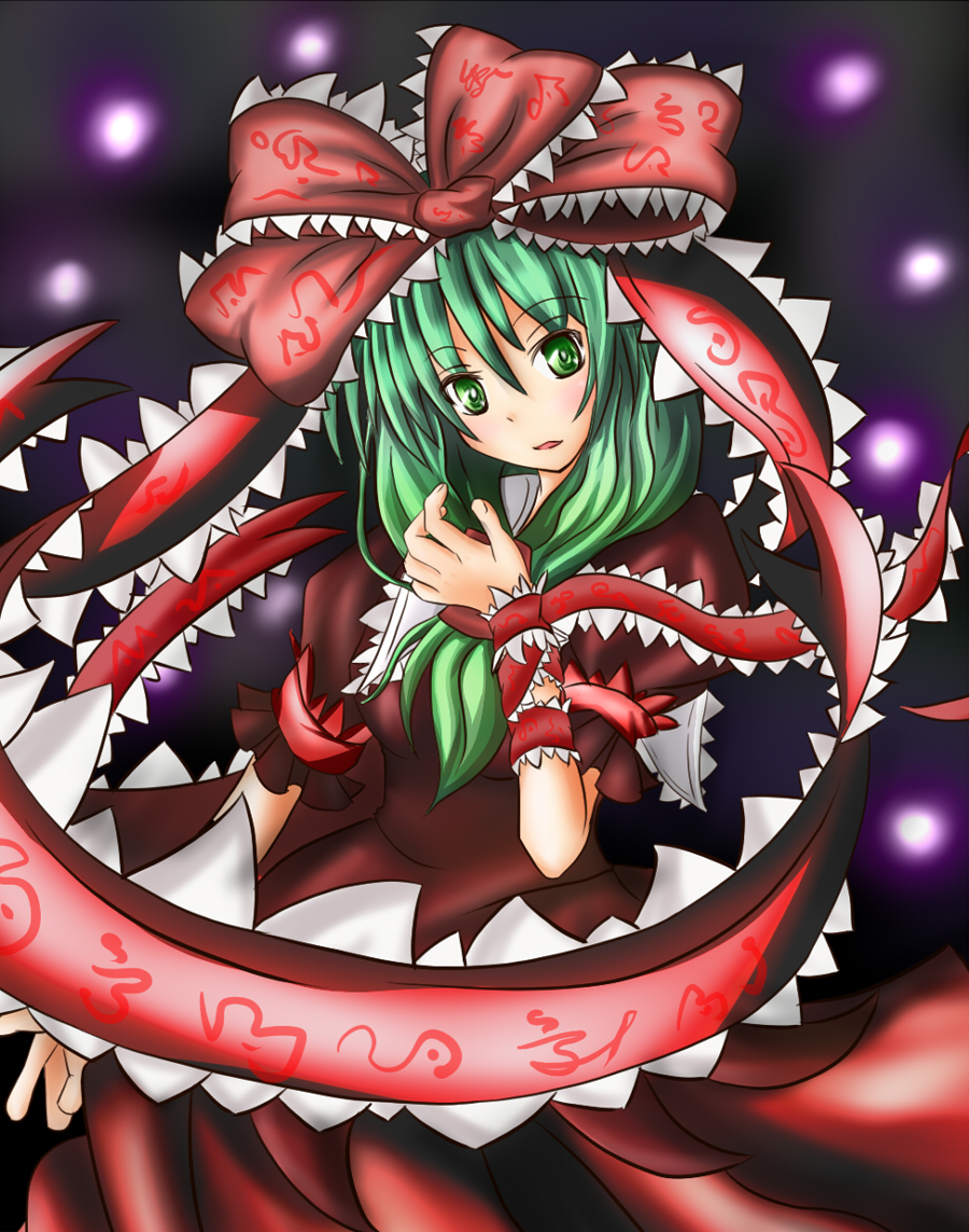 budou gumi, haru ion, kagiyama hina, touhou, 1girl, female focus, front ponytail, green hair, long hair, ribbon, solo