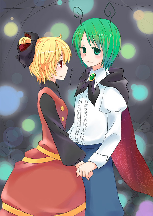 akatsuki (pixiv), kurodani yamame, wriggle nightbug, touhou, bad id, bad pixiv id, inactive account, 2girls, androgynous, antennae, blonde hair, dress, female focus, green hair, multiple girls, reverse trap, ribbon, short hair
