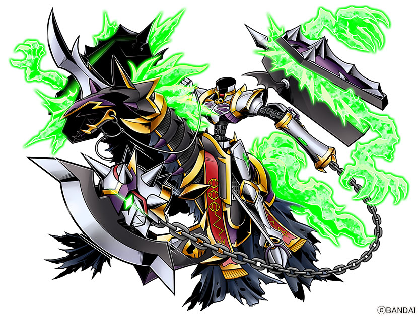 digimon, digimon card game, digimon liberator, animate object, armor, ball and chain (weapon), digimon (creature), disembodied head, dullahamon, dullahan, full body, glowing, glowing eyes, green eyes, knight, riding, sharp teeth, spike ball, spiked ball and chain, teeth, weapon, white armor