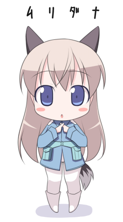 kagura yuuki, eila ilmatar juutilainen, strike witches, world witches series, bad id, bad pixiv id, lowres, 00s, 1girl, animal ears, blue eyes, blush stickers, chibi, female focus, fox ears, fox tail, muri da na, pantyhose, solo, tail, white pantyhose