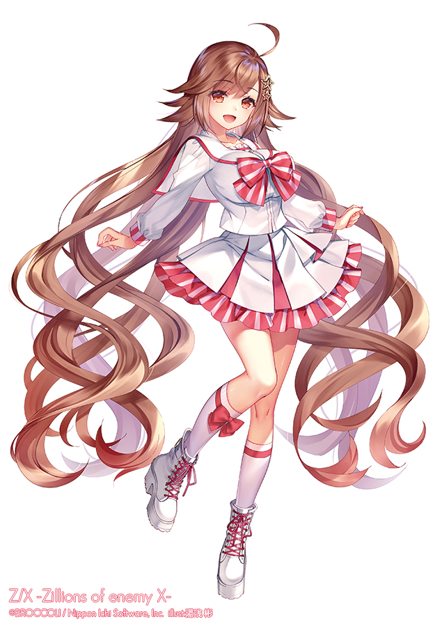 yuasa akira, z/x, official art, 1girl, ahoge, bow, bow legwear, bowtie, breasts, brown eyes, brown hair, copyright notice, full body, hair ornament, large breasts, long hair, multicolored skirt, open mouth, pink skirt, prism (z/x), red bow, red bowtie, sailor collar, shirt, shoes, simple background, skirt, socks, solo, standing, standing on one leg, star (symbol), star hair ornament, striped bow, striped bowtie, striped clothes, very long hair, white background, white bow, white bowtie, white sailor collar, white shirt, white shoes, white skirt, white socks