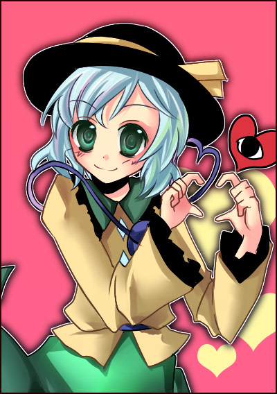 kaza, komeiji koishi, touhou, bad id, bad pixiv id, 1girl, blouse, female focus, green eyes, green hair, hat, heart, matching hair/eyes, ribbon, shirt, short hair, skirt, solo, third eye, yellow shirt